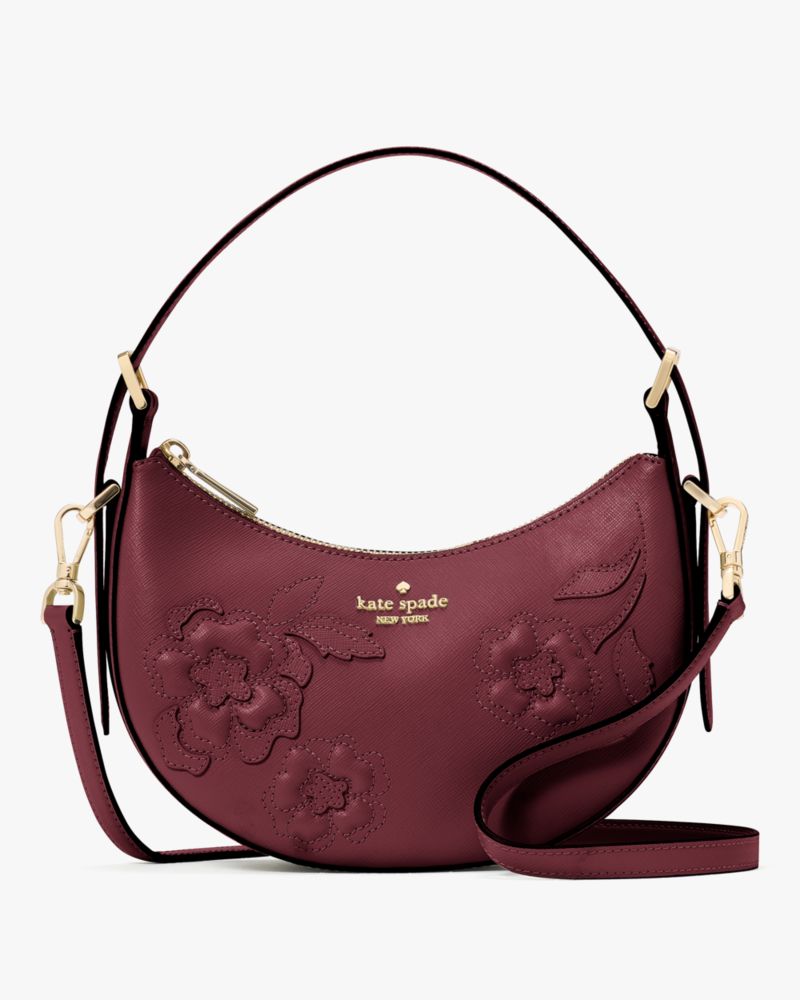KateSpade Nova Floral Applique Crescent Shoulder Bag Dark Merlot