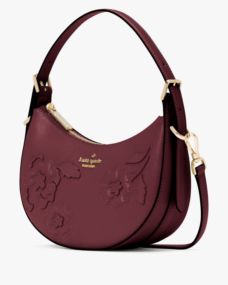 KateSpade Nova Floral Applique Crescent Shoulder Bag Dark Merlot