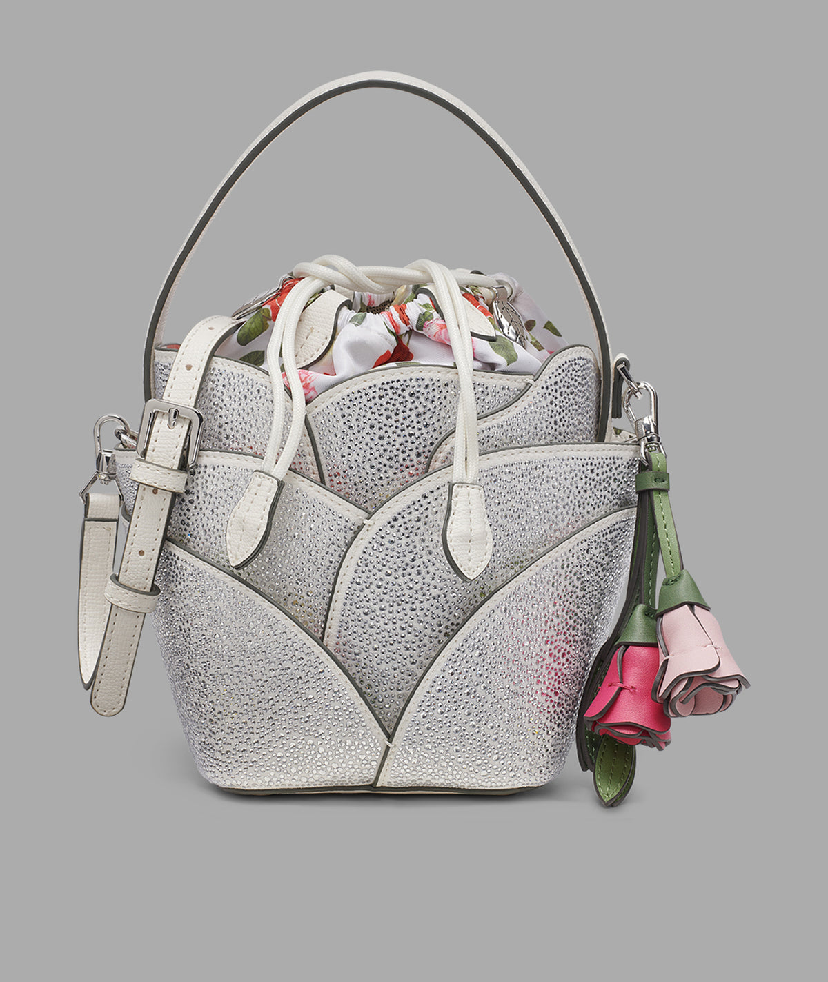 KarlLagerfeld Ikon flower bucket bag with rhinestones winter white/silver