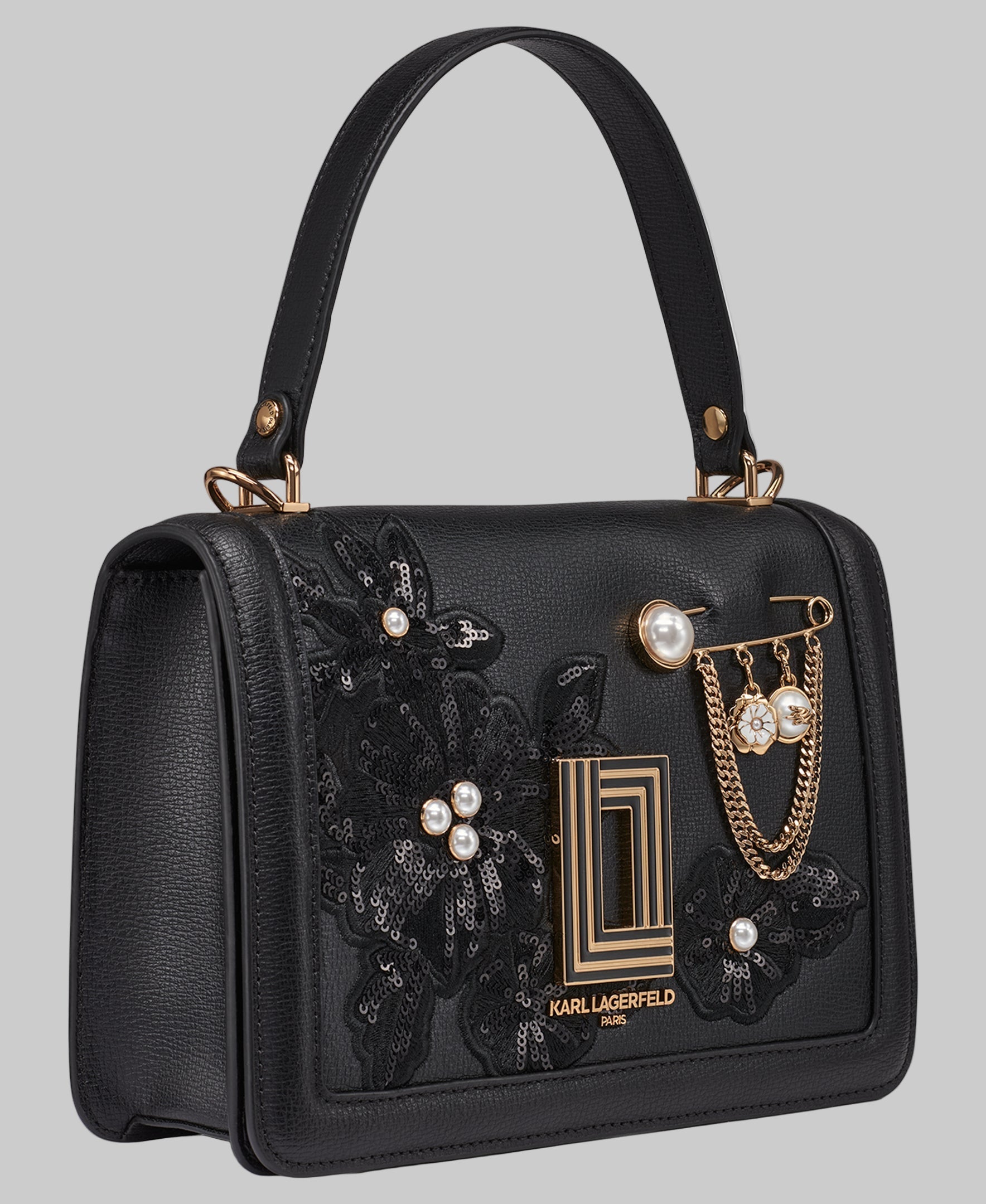 KarlLagerfeld Simone leather flap satchel with flowers black