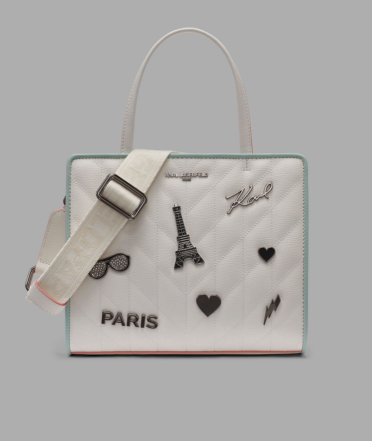 KarlLagerfeld Maybelle satchel with pins and contrast trim winter white/silver