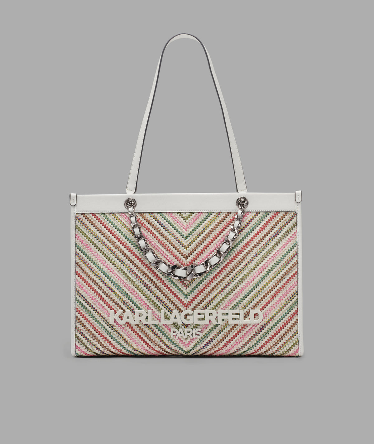 KarlLagerfeld Savoie raffia tote with chain strap raffia multi combo
