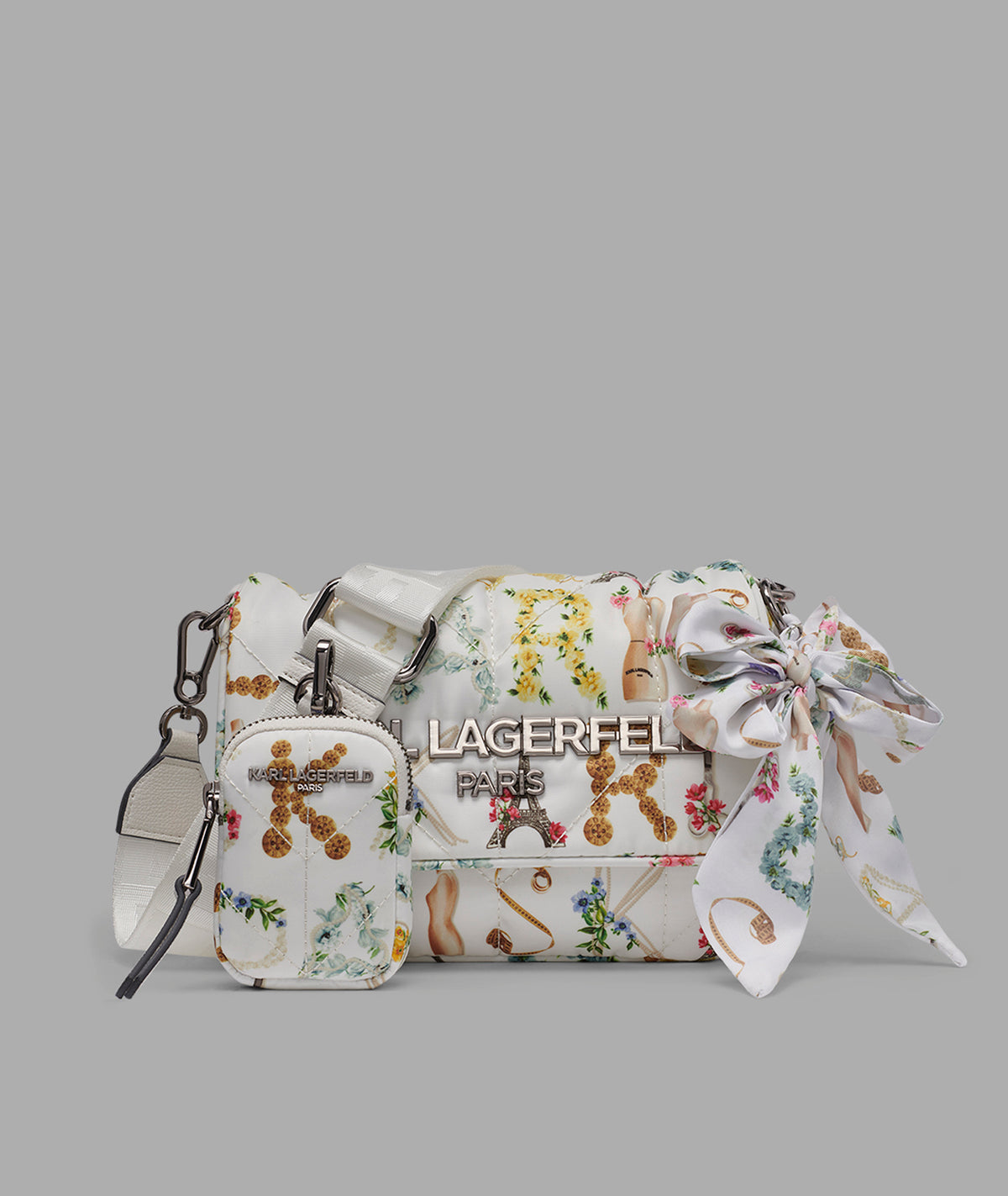 KarlLagerfeld Voyage logo crossbody with bow winter white multi