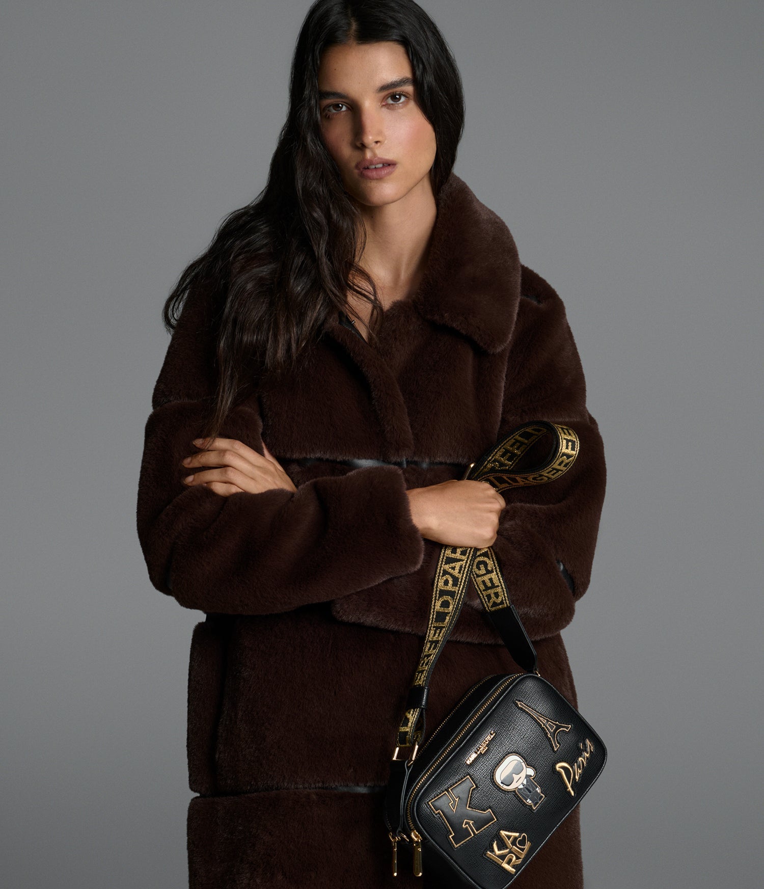 KarlLagerfeld Maybelle camera crossbody with patches black