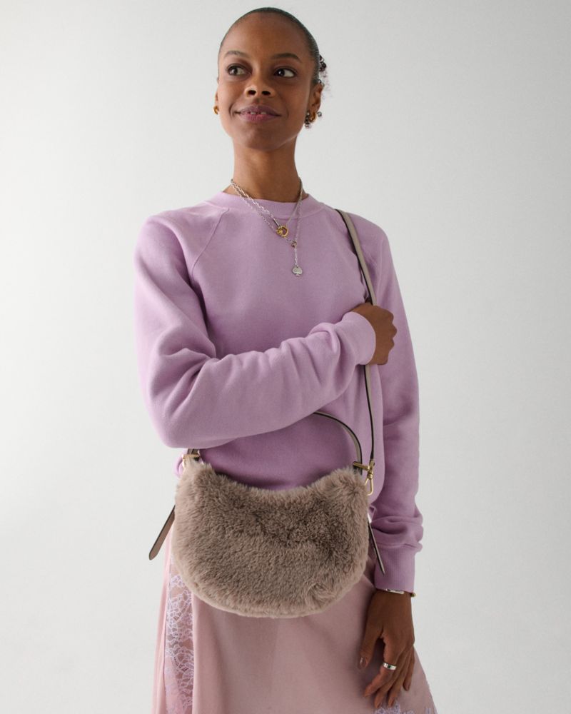 KateSpade Nova Faux Fur Small Crescent Shoulder Bag Cozy Grey