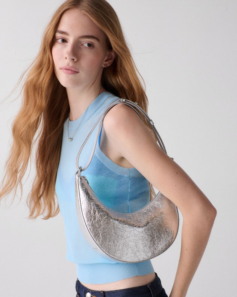 KateSpade Duo Crinkle Metallic Leather Crossbody Bag Silver