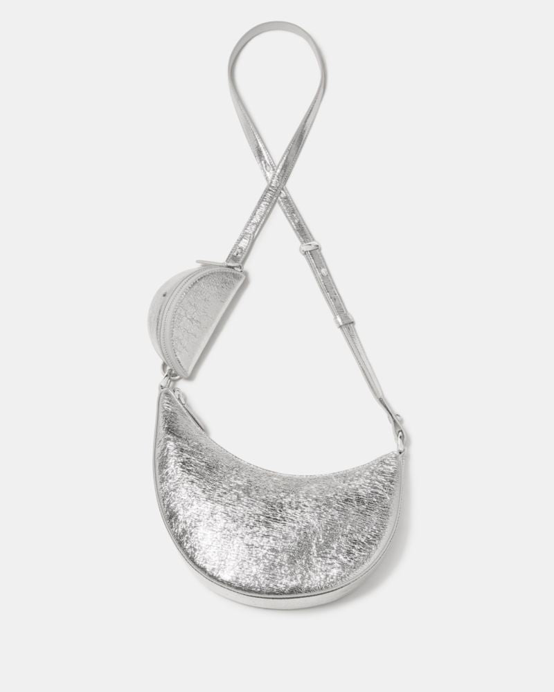 KateSpade Duo Crinkle Metallic Leather Crossbody Bag Silver