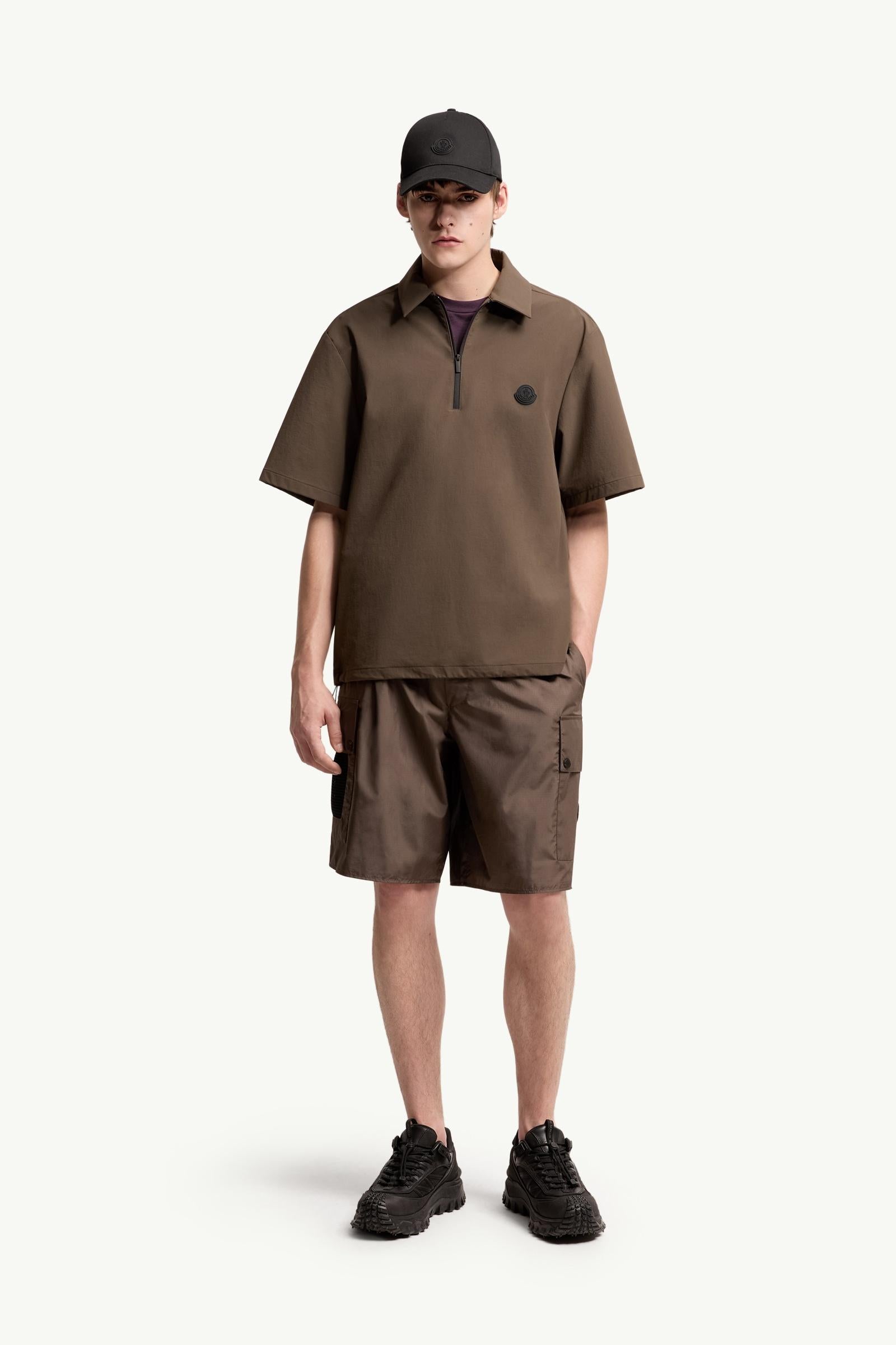 Moncler Logo Short Sleeve Half-Zip Shirt Brown Brown