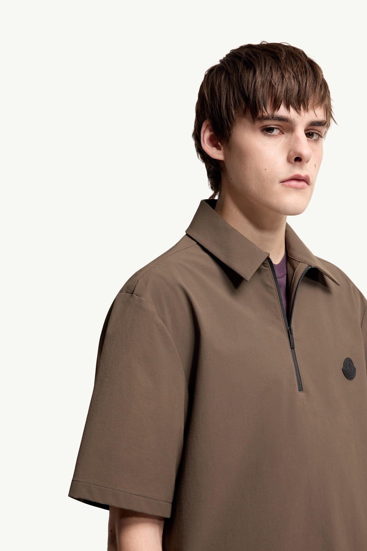 Moncler Logo Short Sleeve Half-Zip Shirt Brown Brown