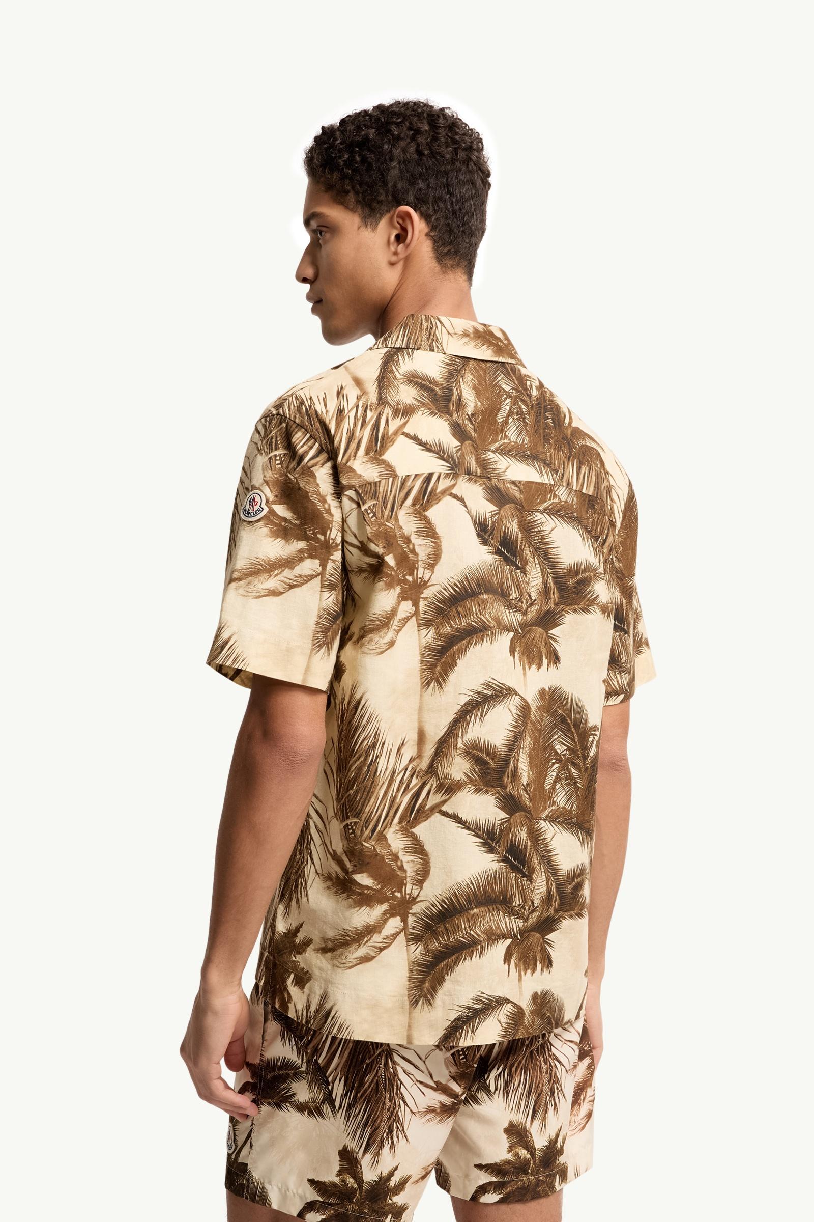Moncler Cotton & Linen Blend Short Sleeve Shirt Beige & Green Beige & Green