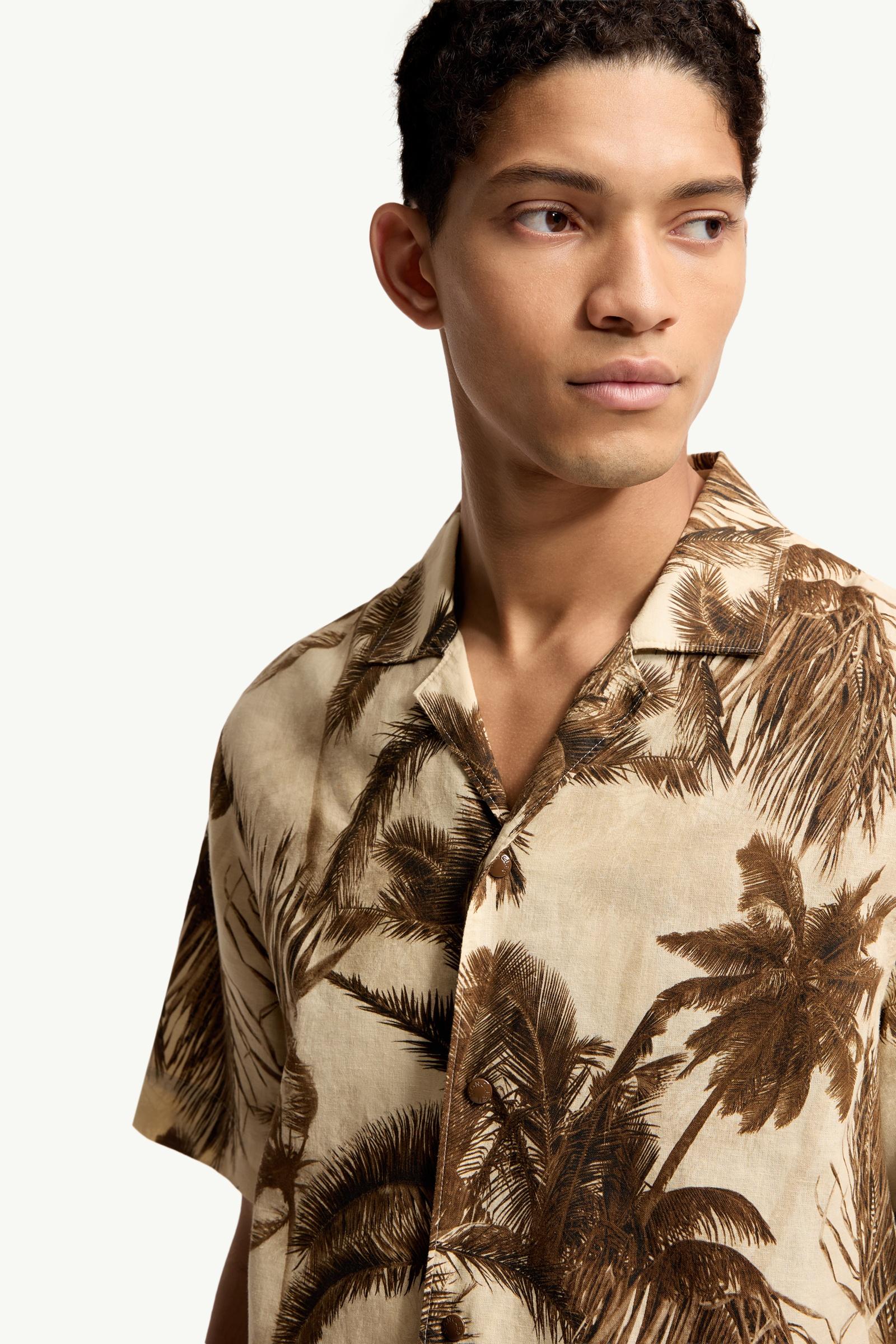 Moncler Cotton & Linen Blend Short Sleeve Shirt Beige & Green Beige & Green