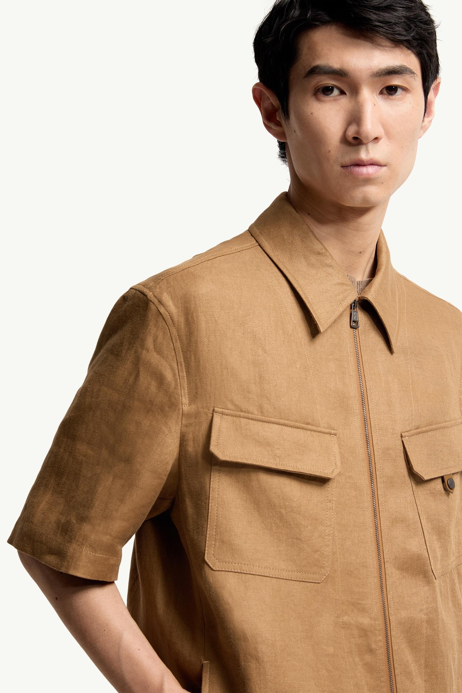 Moncler Linen Twill Short Sleeve Zip-Up Shirt Light Brown Light Brown