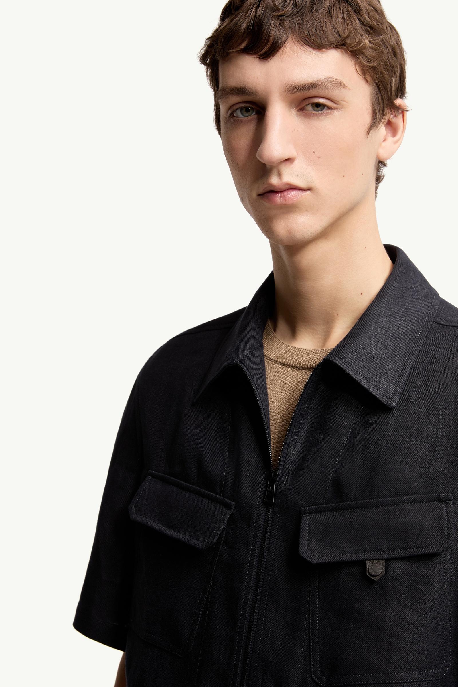 Moncler Linen Twill Short Sleeve Zip-Up Shirt Dark Blue Dark Blue