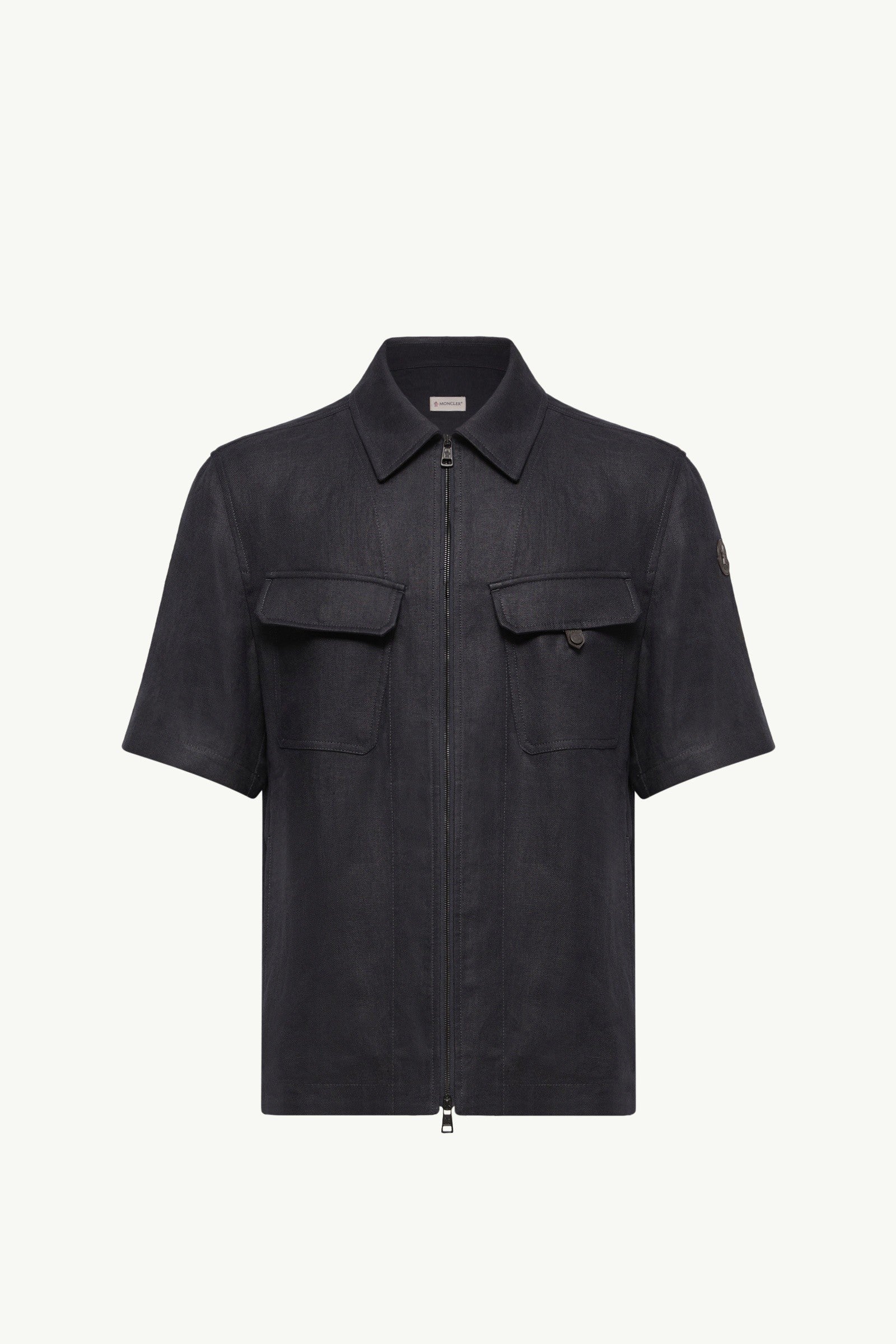 Moncler Linen Twill Short Sleeve Zip-Up Shirt Dark Blue Dark Blue