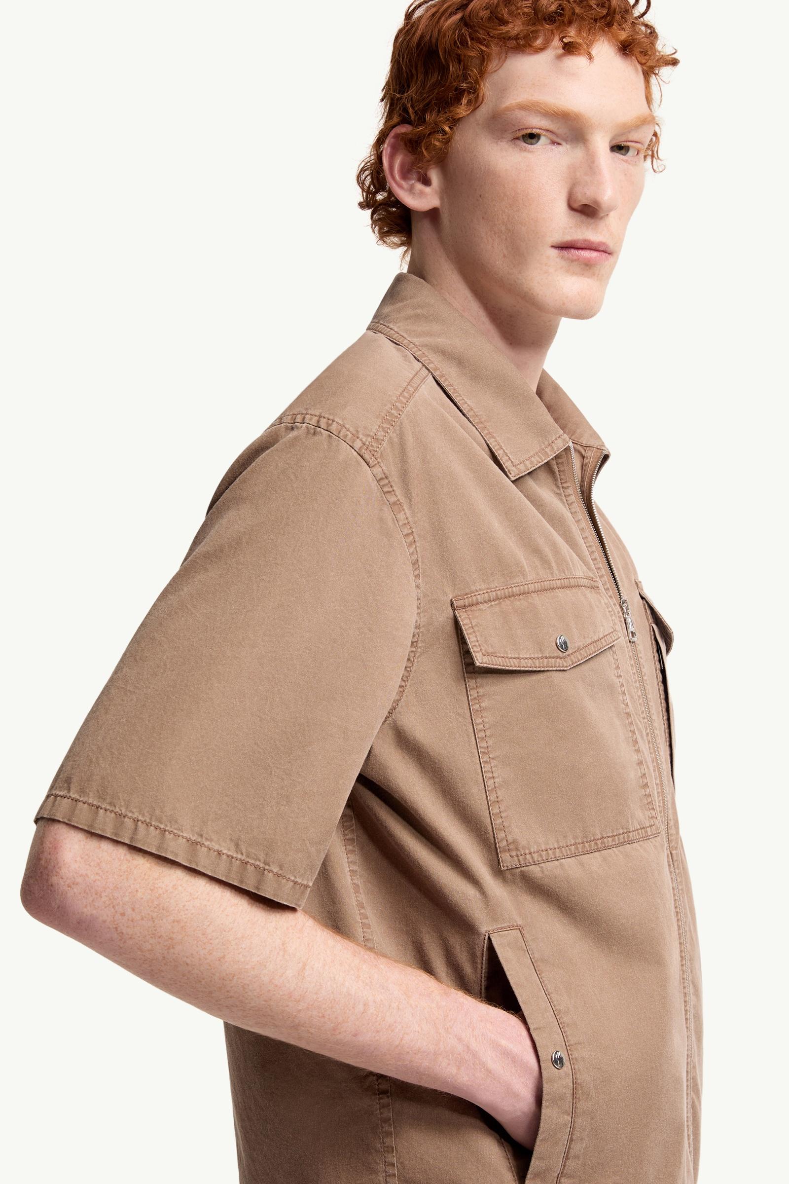 Moncler Short Sleeve Cotton Zip-Up Shirt Brown Brown