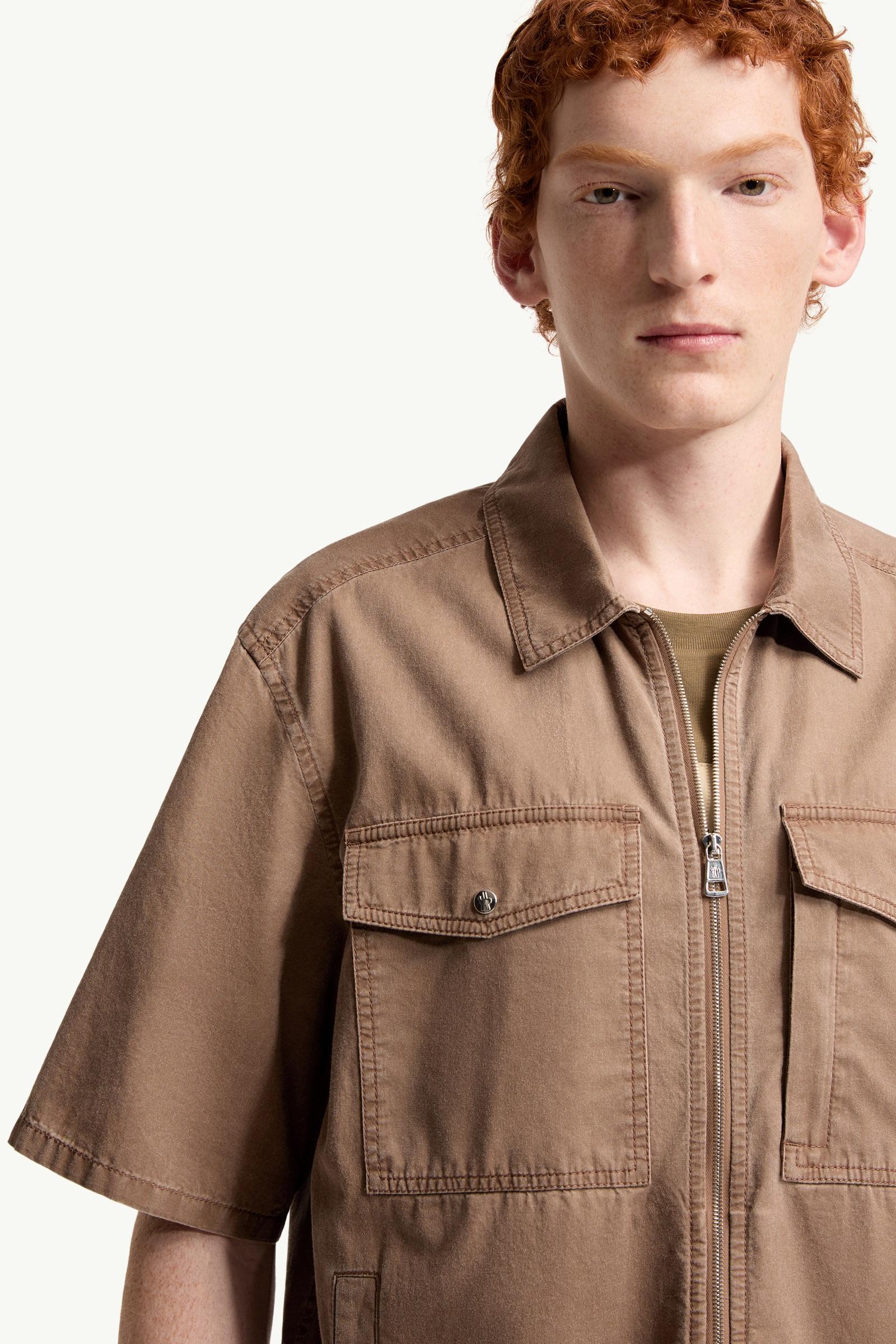 Moncler Short Sleeve Cotton Zip-Up Shirt Brown Brown