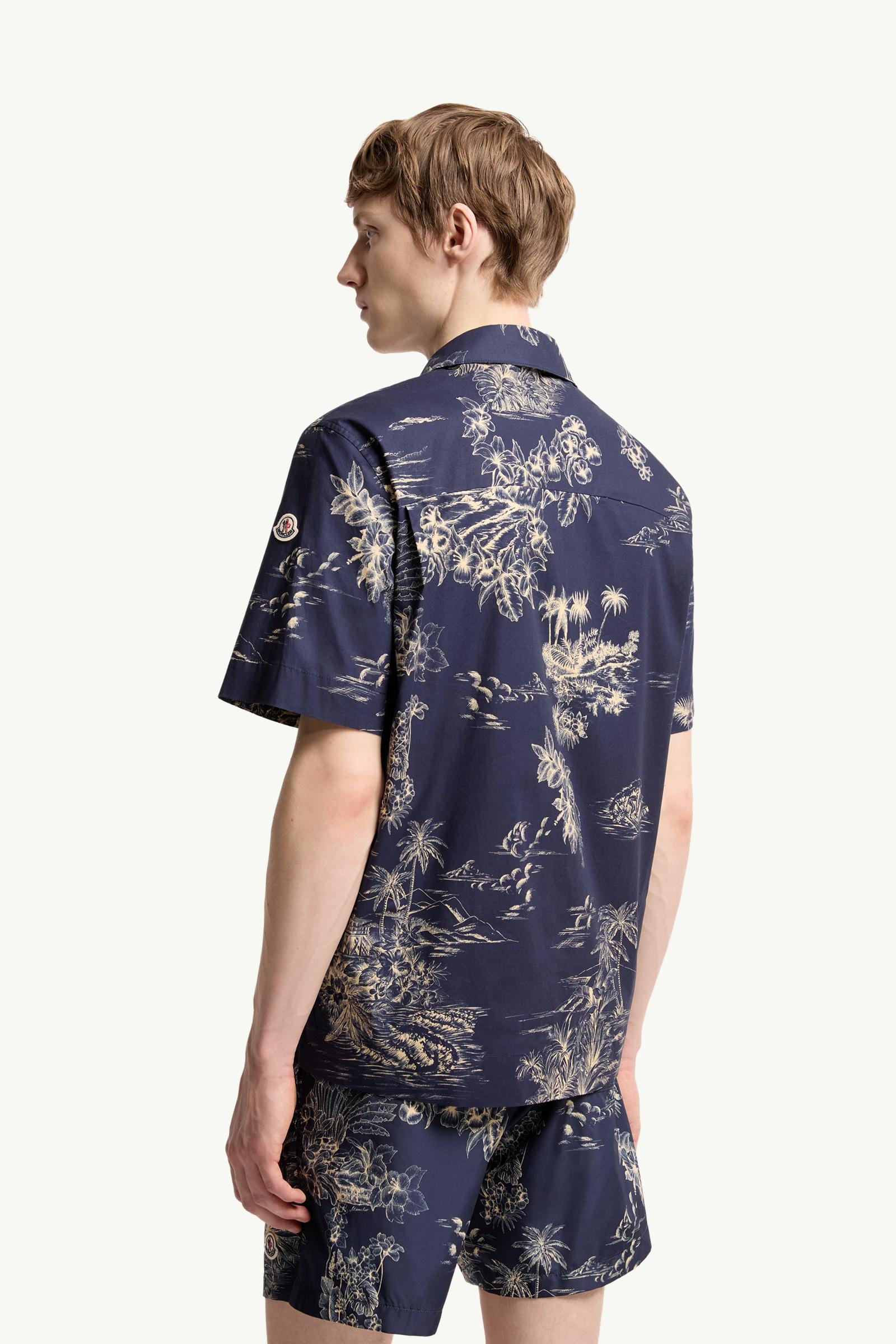 Moncler Floral Print Short Sleeve Cotton Shirt Navy Blue Navy Blue