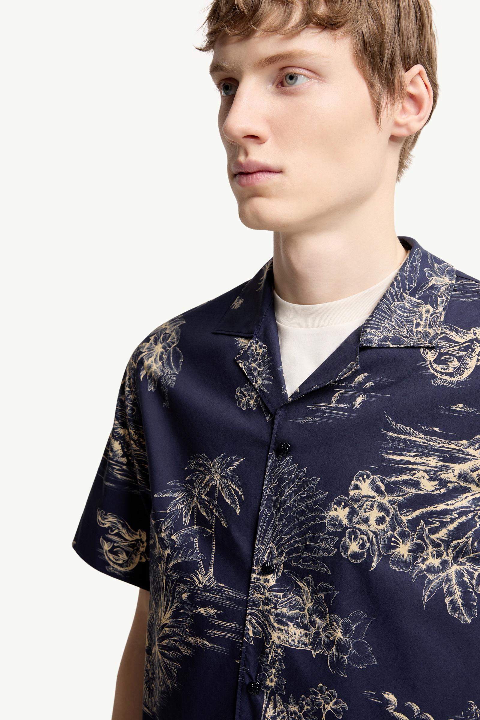 Moncler Floral Print Short Sleeve Cotton Shirt Navy Blue Navy Blue