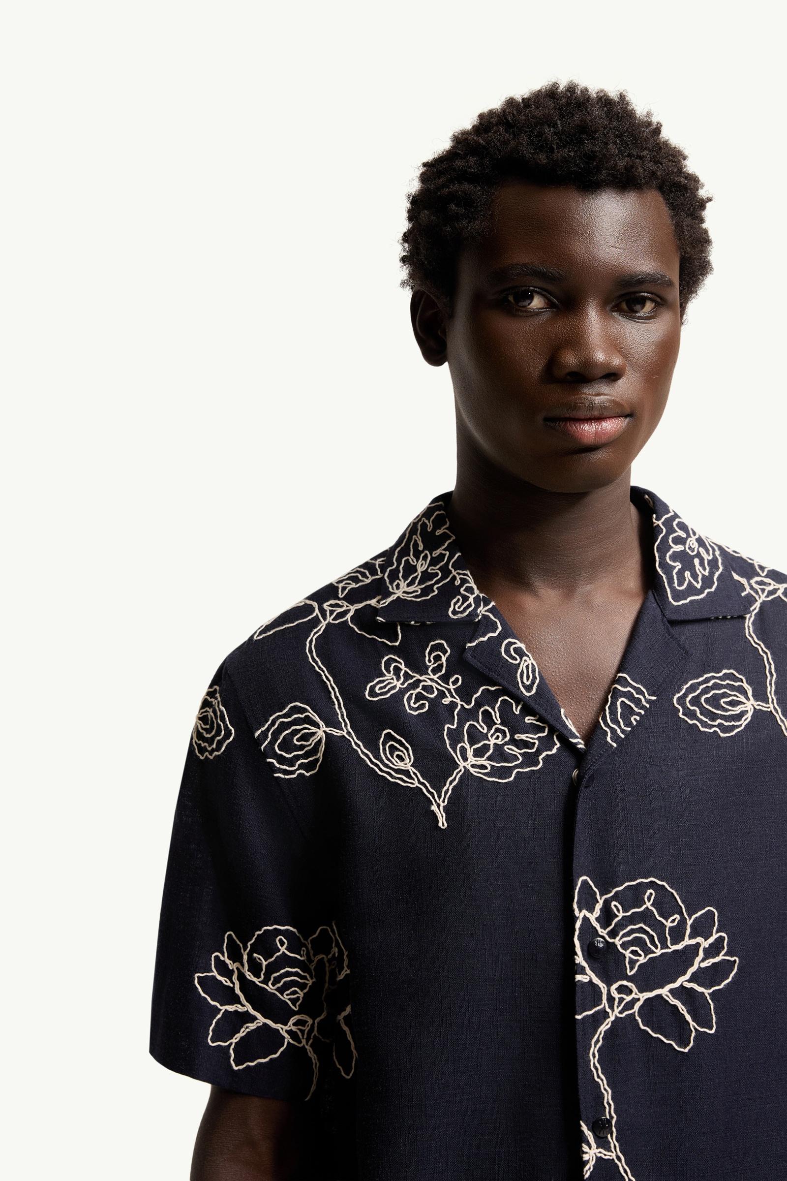 Moncler Embroidered Linen Blend Shirt Blue Blue