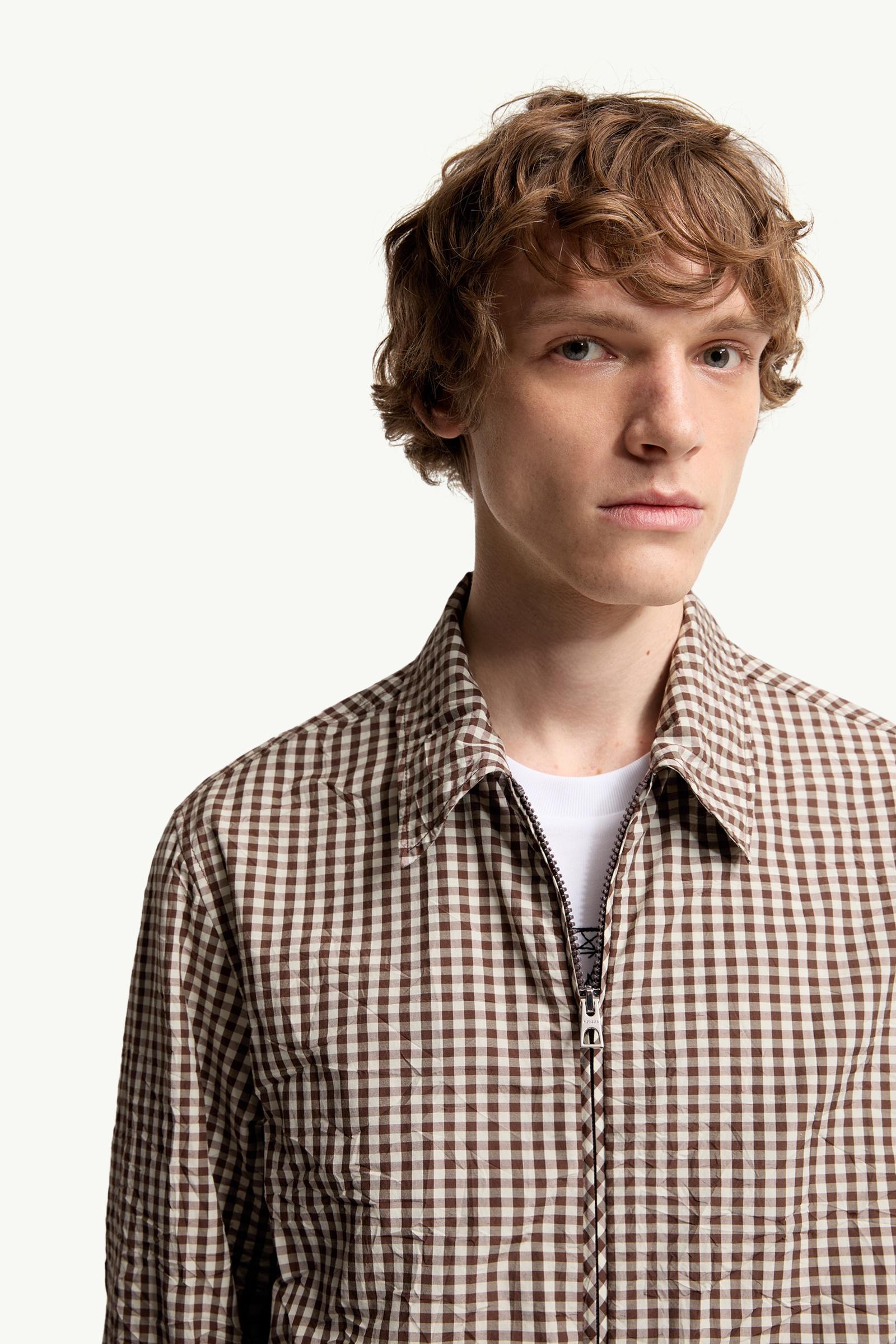Moncler Vichy Cotton Blend Zip-Up Shirt Jacket White & Brown White & Brown