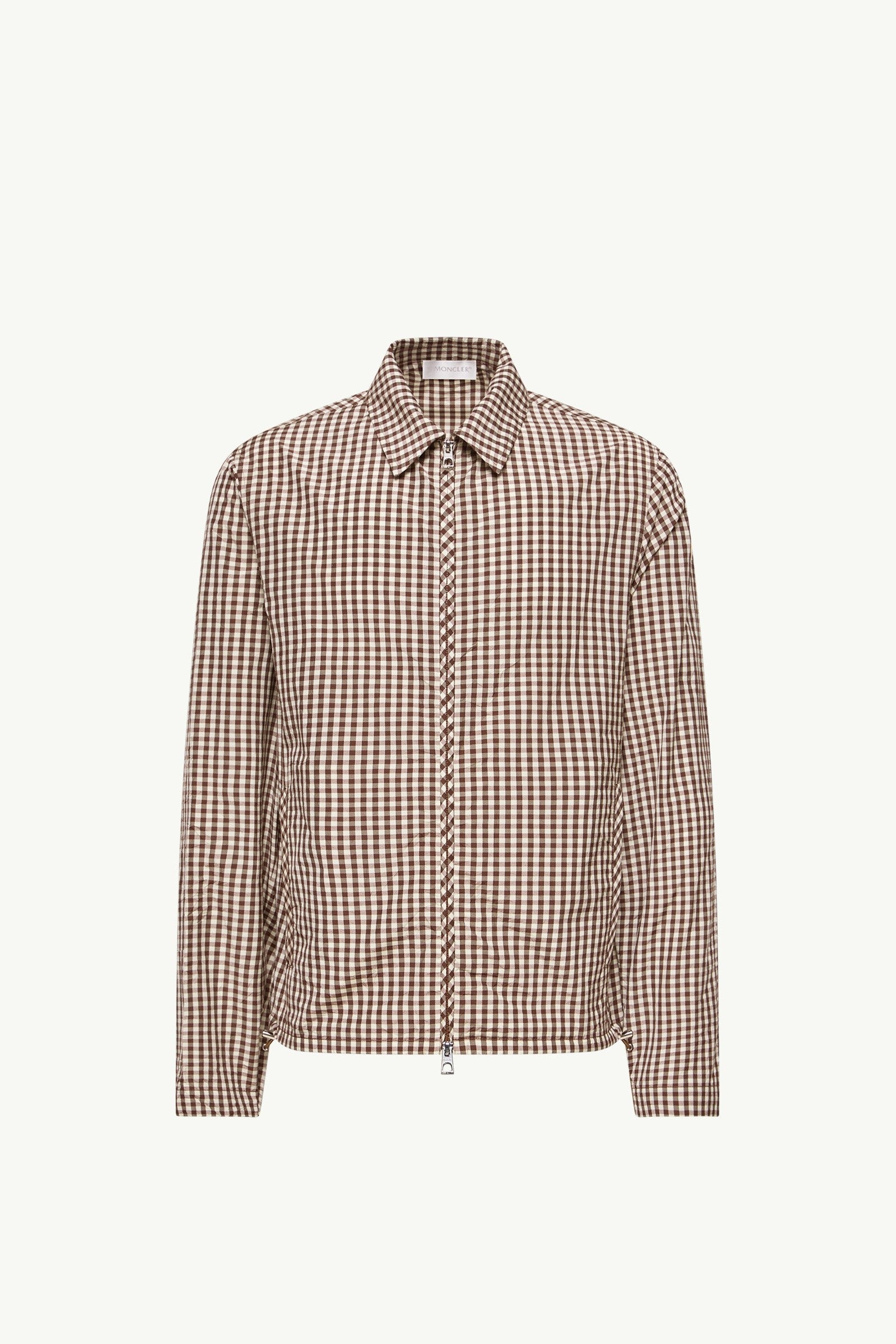 Moncler Vichy Cotton Blend Zip-Up Shirt Jacket White & Brown White & Brown