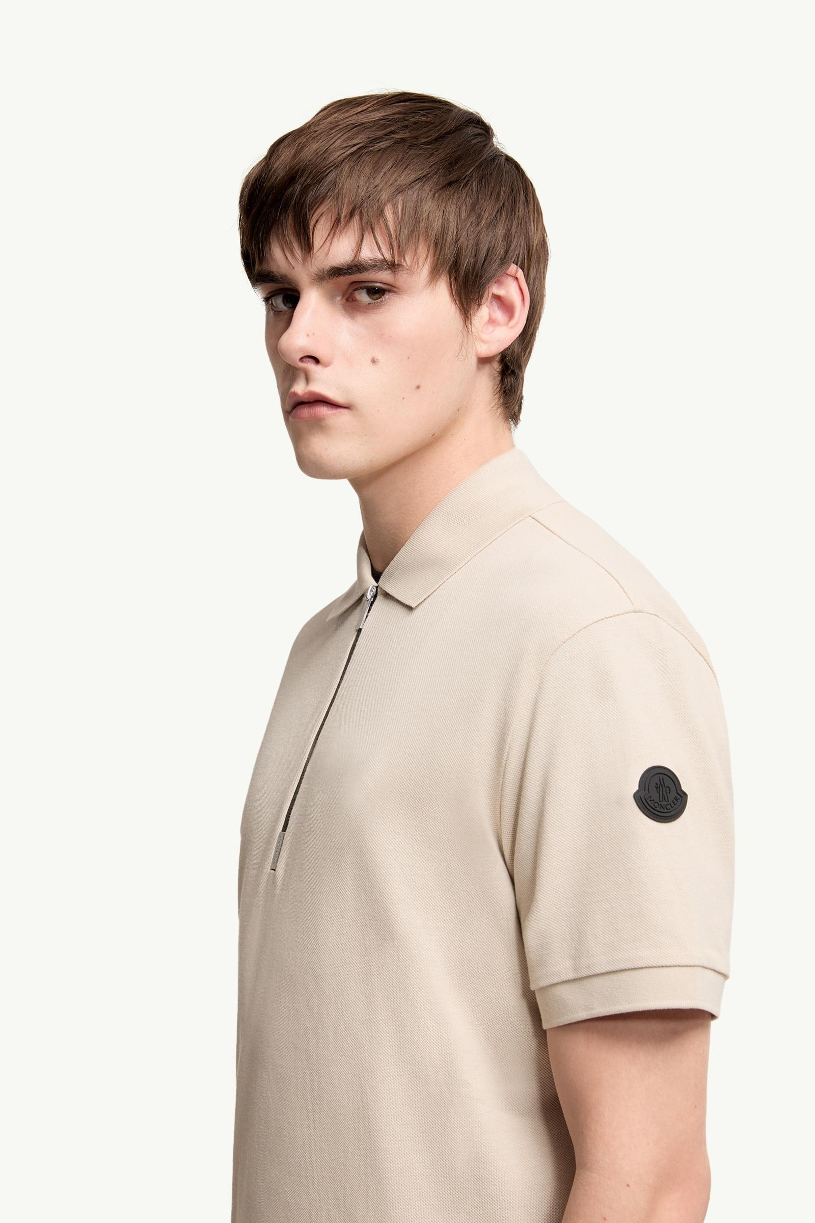 Moncler Logo Cotton Piquet Half-Zip Polo Shirt Light Beige Light Beige