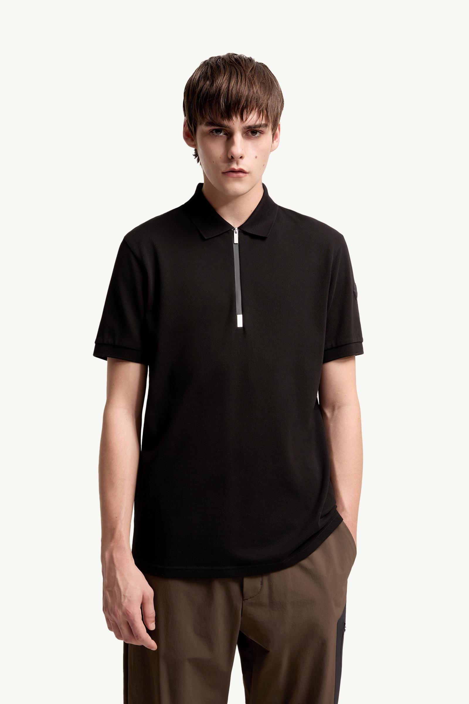 Moncler Logo Cotton Piquet Half-Zip Polo Shirt Black Black