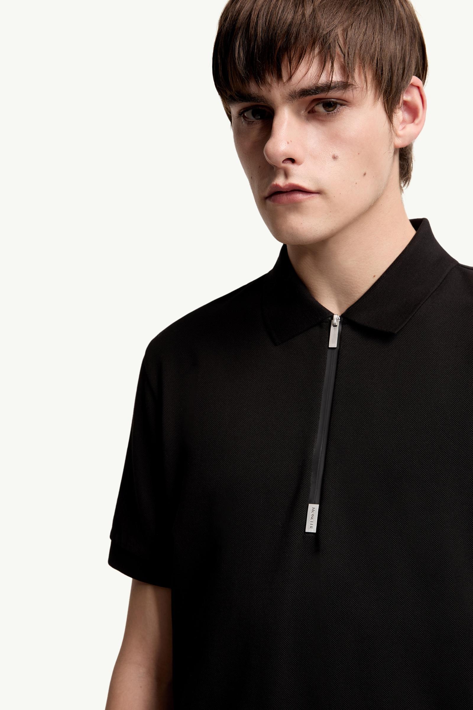 Moncler Logo Cotton Piquet Half-Zip Polo Shirt Black Black