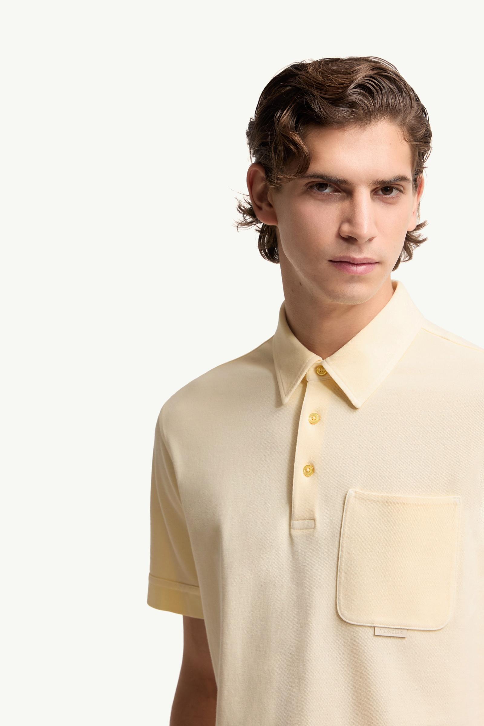 Moncler Leather Logo Cotton Piquet Polo Shirt Ochre Yellow Ochre Yellow