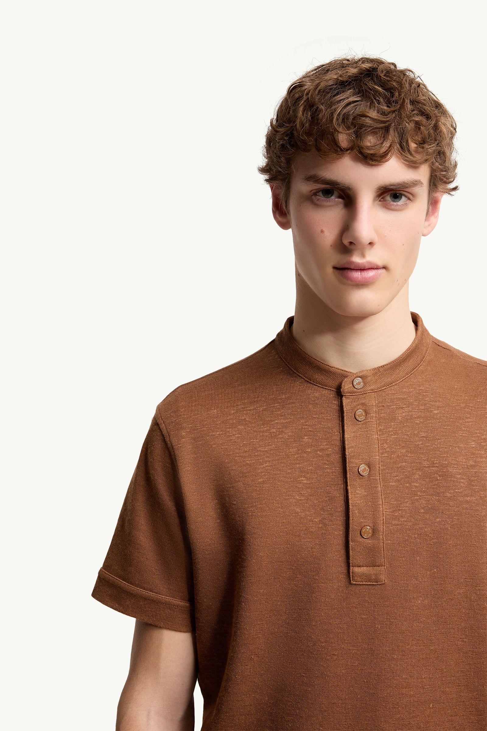 Moncler Cotton & Linen Blend Polo Shirt Light Brown Light Brown