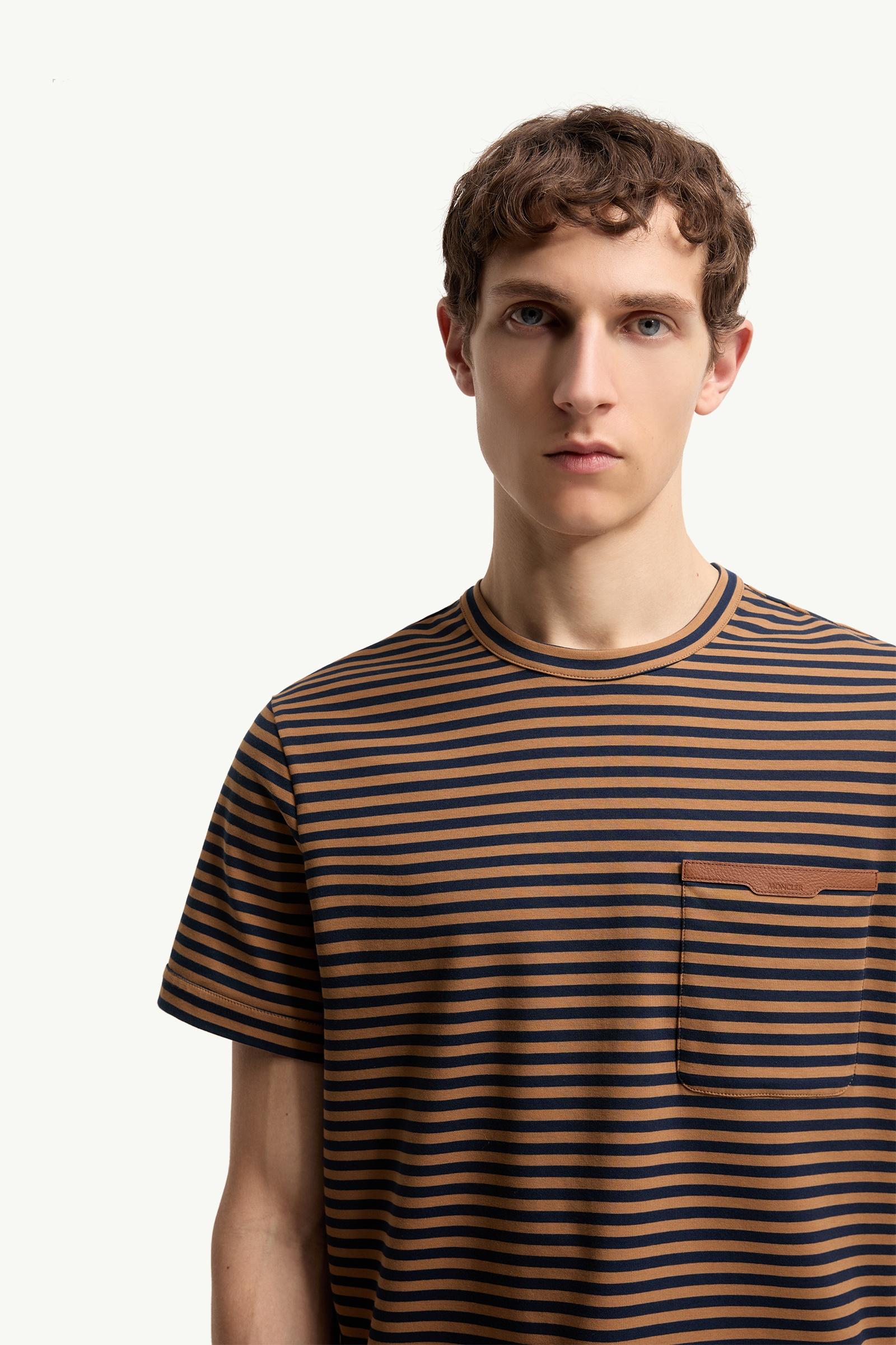 Moncler Striped Cotton T-Shirt Beige & Navy Blue Beige & Navy Blue