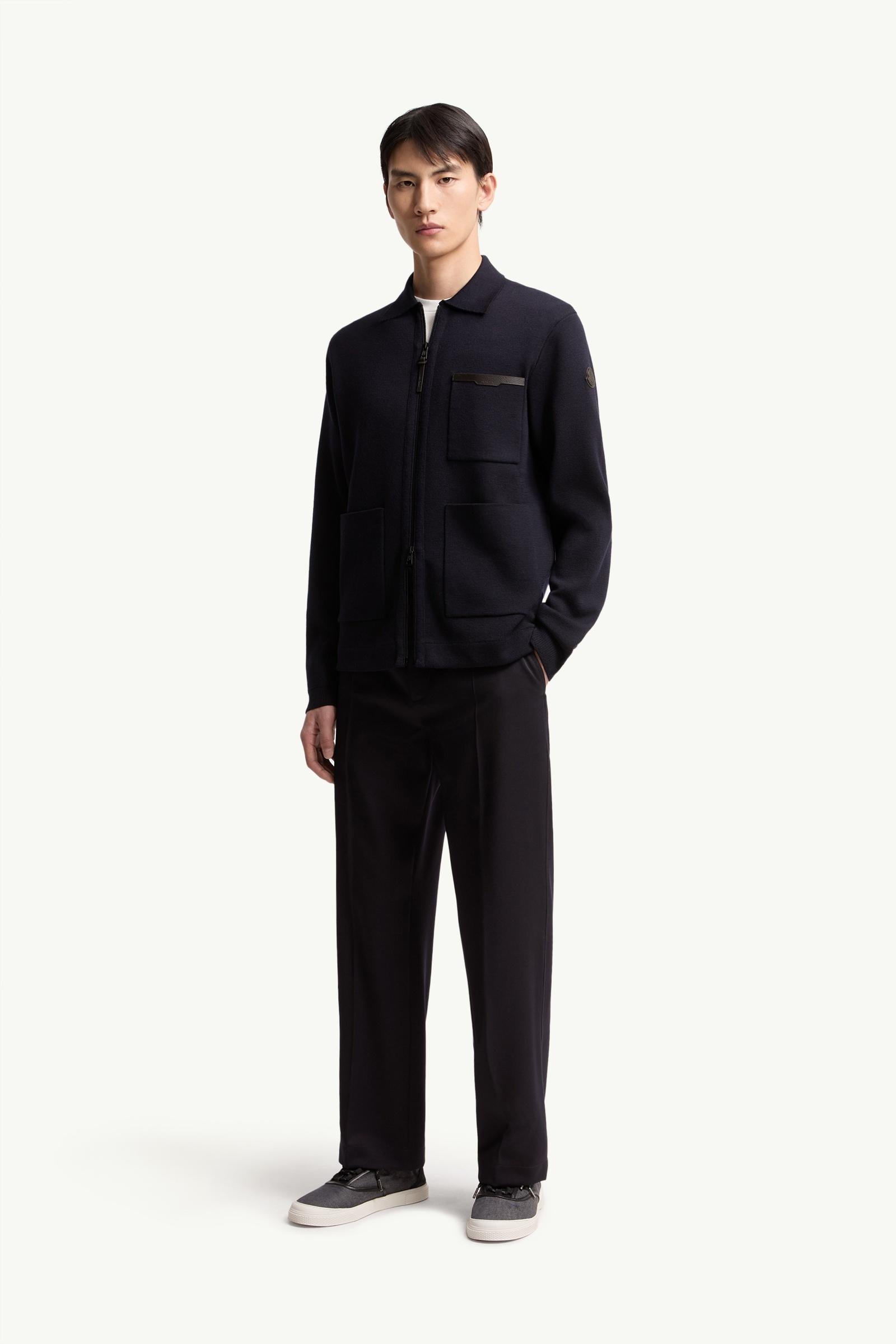 Moncler Leather Logo Wool Zip-Up Cardigan Navy Blue Navy Blue