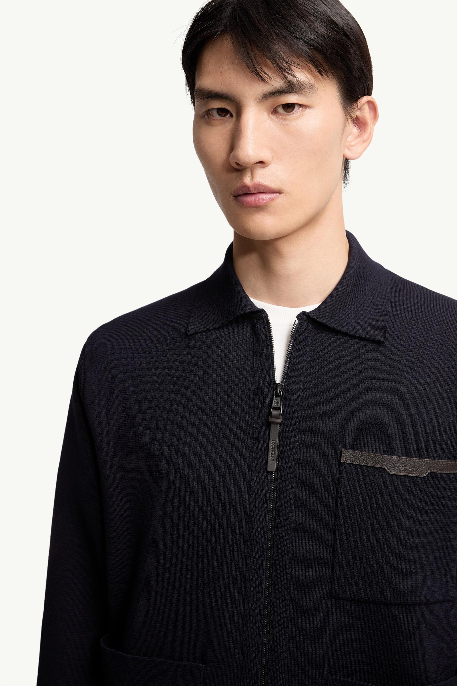 Moncler Leather Logo Wool Zip-Up Cardigan Navy Blue Navy Blue