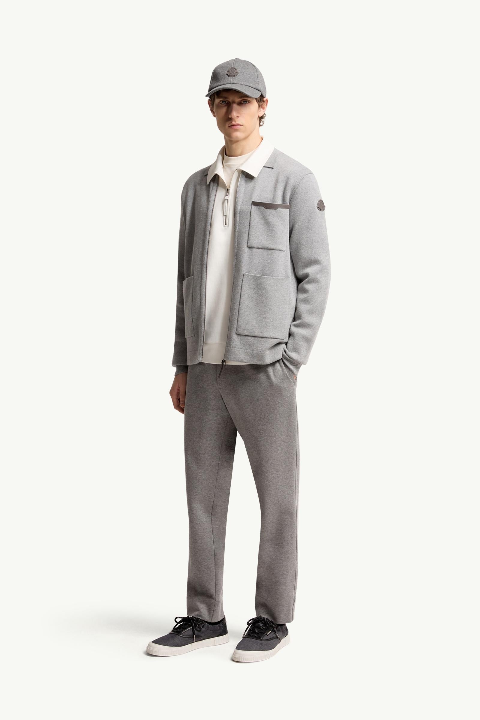 Moncler Leather Logo Wool Zip-Up Cardigan Grey Grey