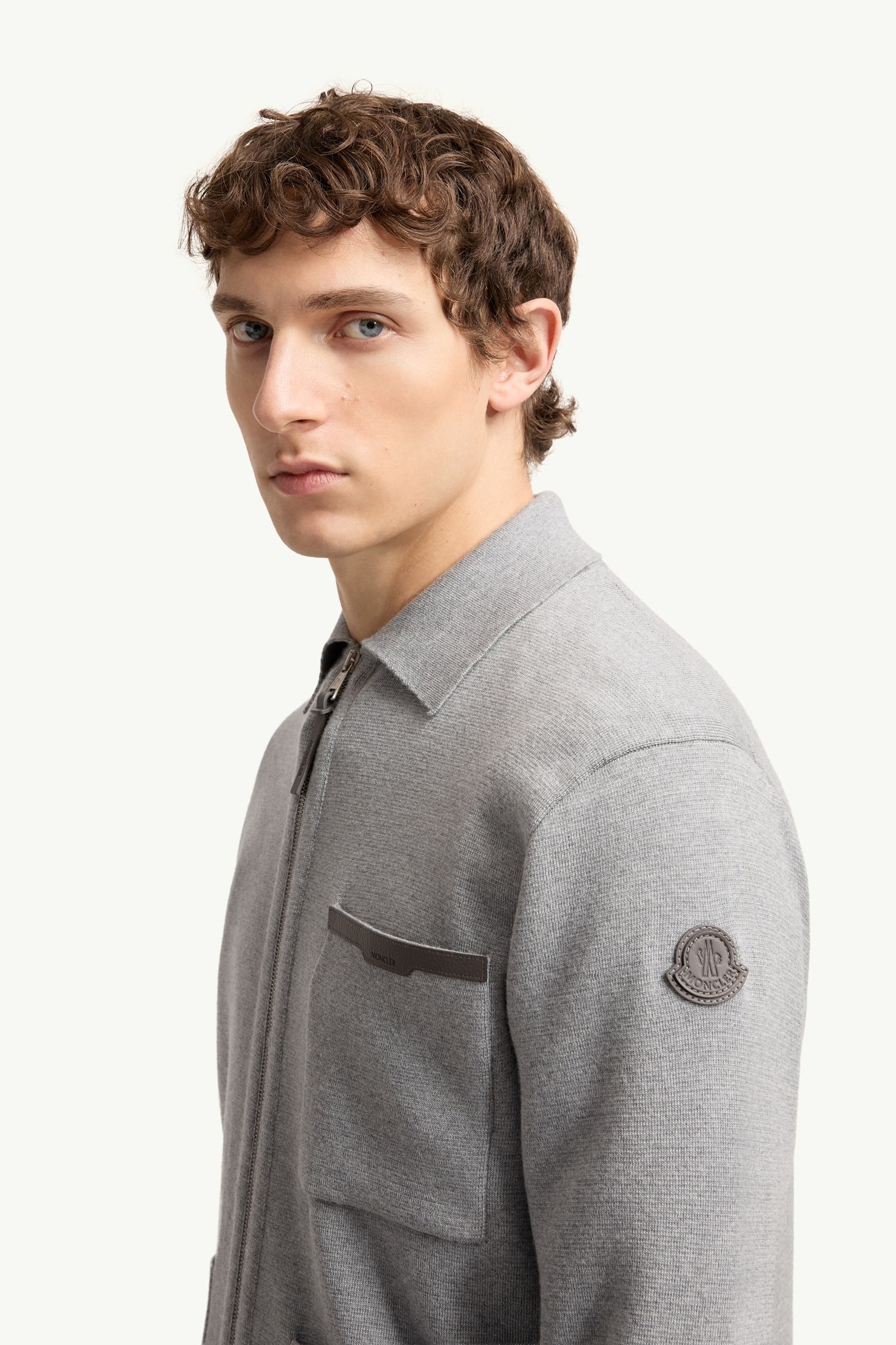 Moncler Leather Logo Wool Zip-Up Cardigan Grey Grey