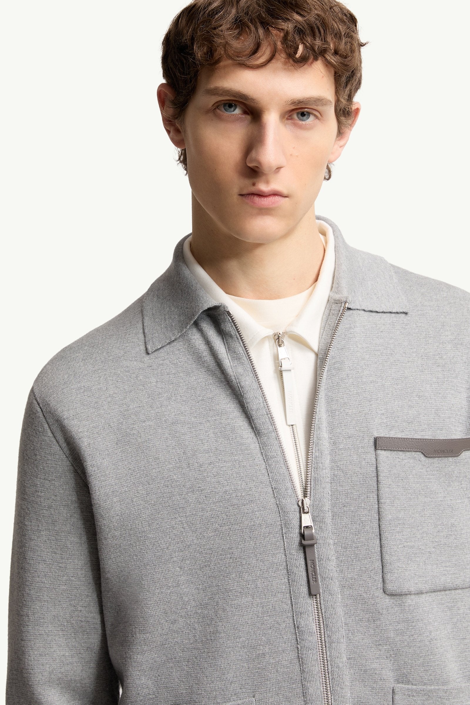 Moncler Leather Logo Wool Zip-Up Cardigan Grey Grey