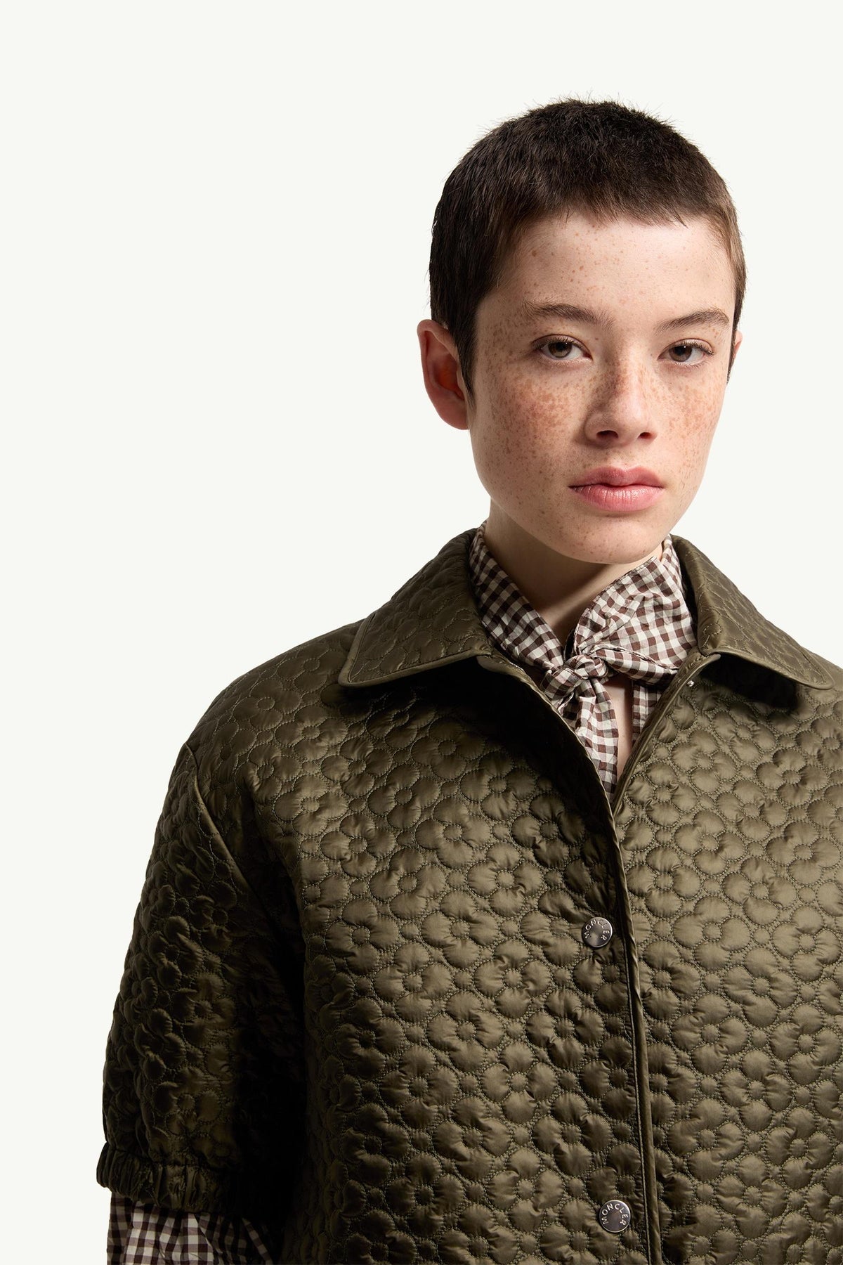 Moncler Floral-Quilted Padded Short Sleeve Shirt Olive Green Olive Green