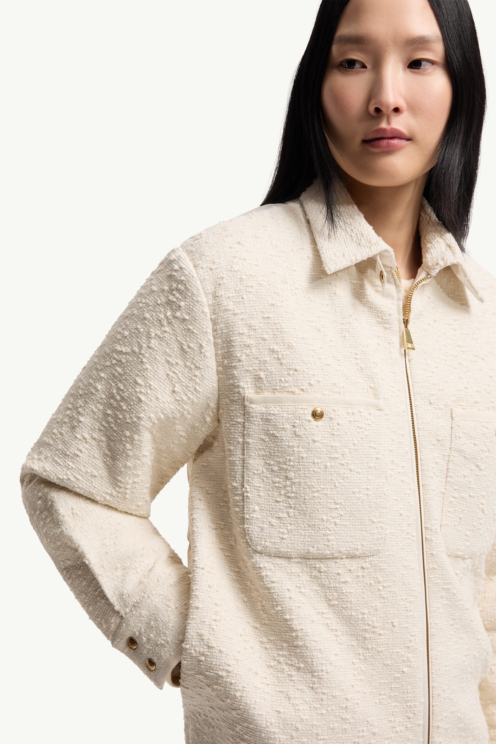 Moncler Cotton Blend Bouclé Down Shirt Jacket White Ivory White Ivory