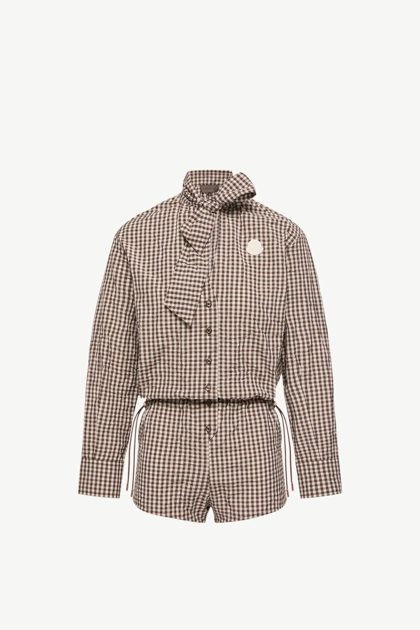 Moncler Vichy Romper With Bow White & Brown White & Brown