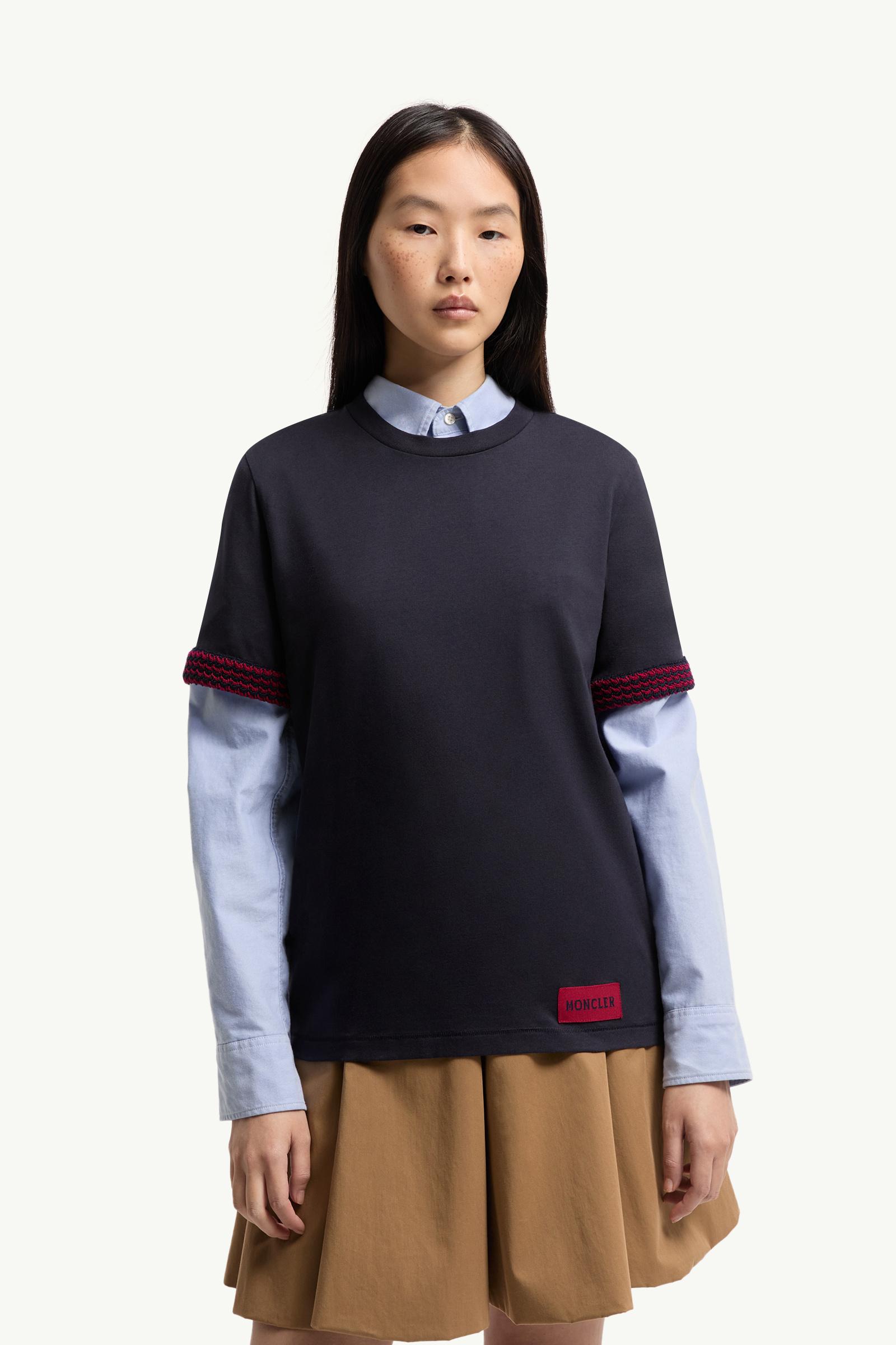Moncler Crochet-Trimmed Cotton Logo T-Shirt Dark Blue Dark Blue