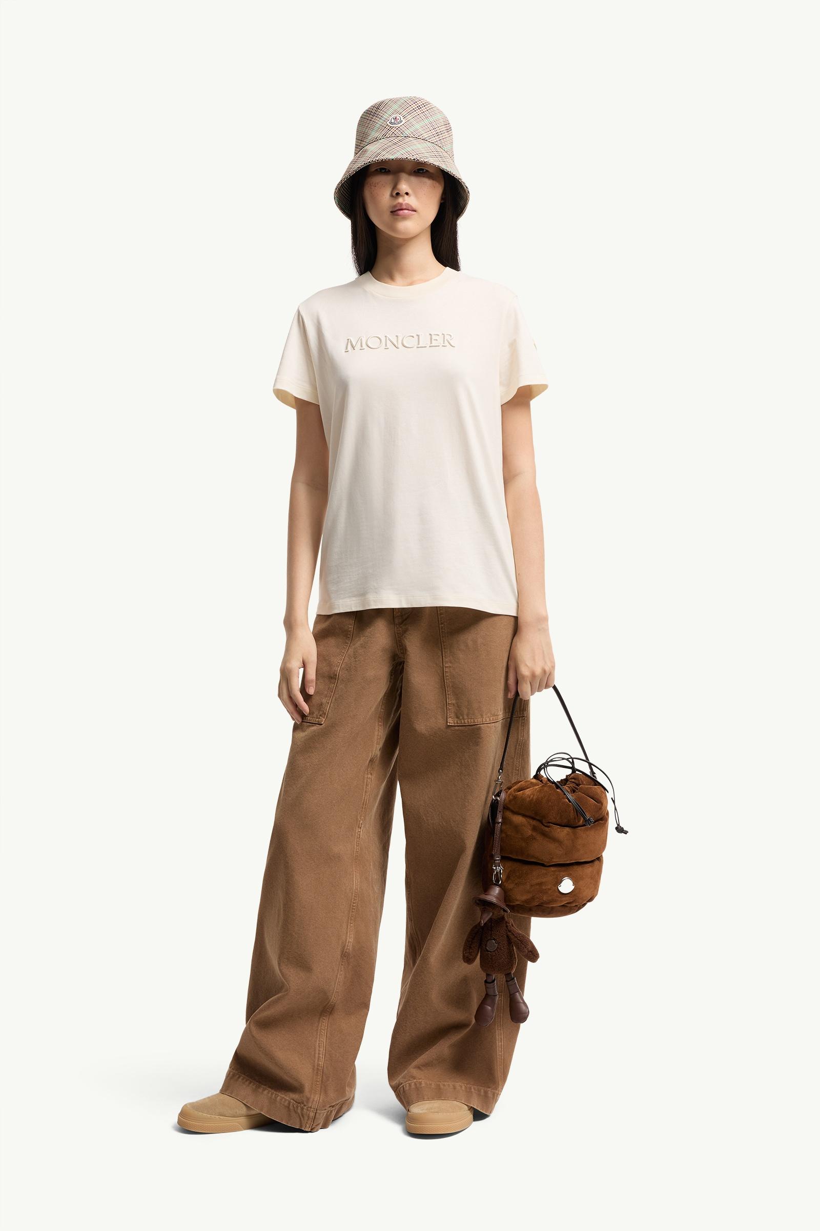 Moncler Embroidered Tonal Logo Cotton T-Shirt White Ivory White Ivory