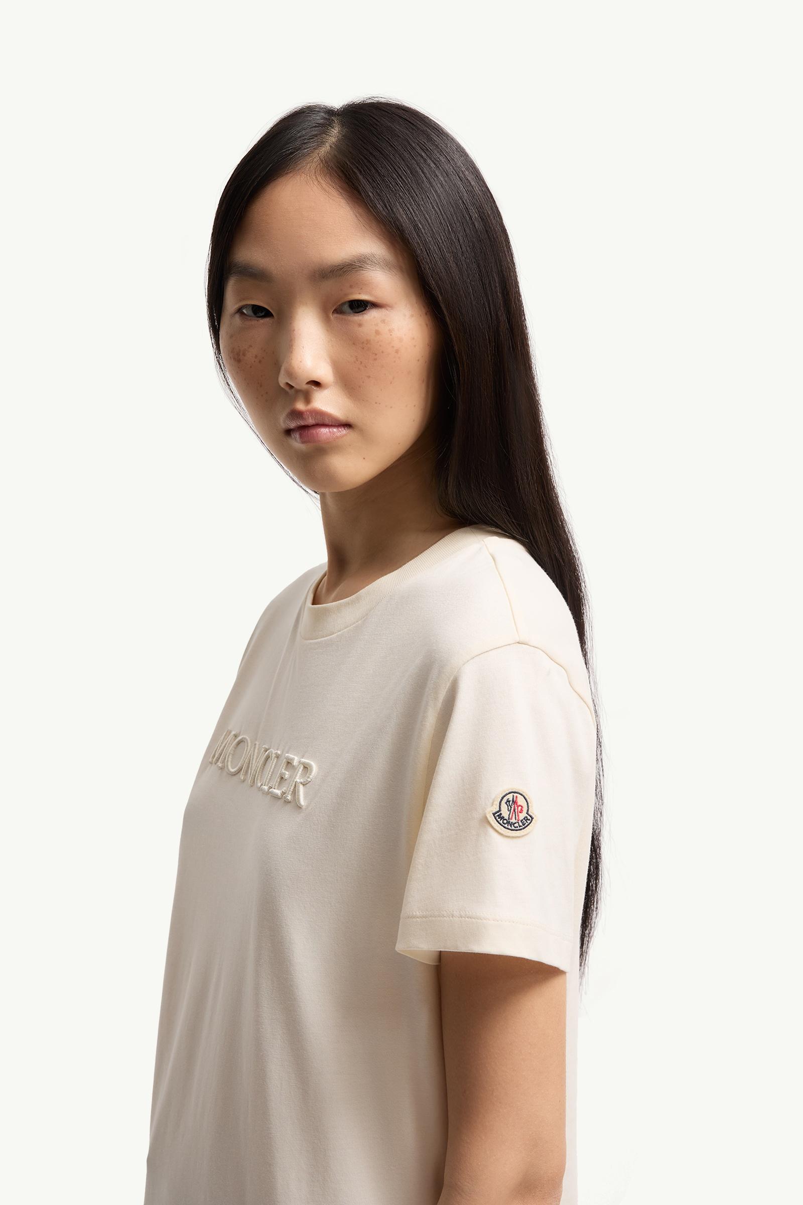 Moncler Embroidered Tonal Logo Cotton T-Shirt White Ivory White Ivory