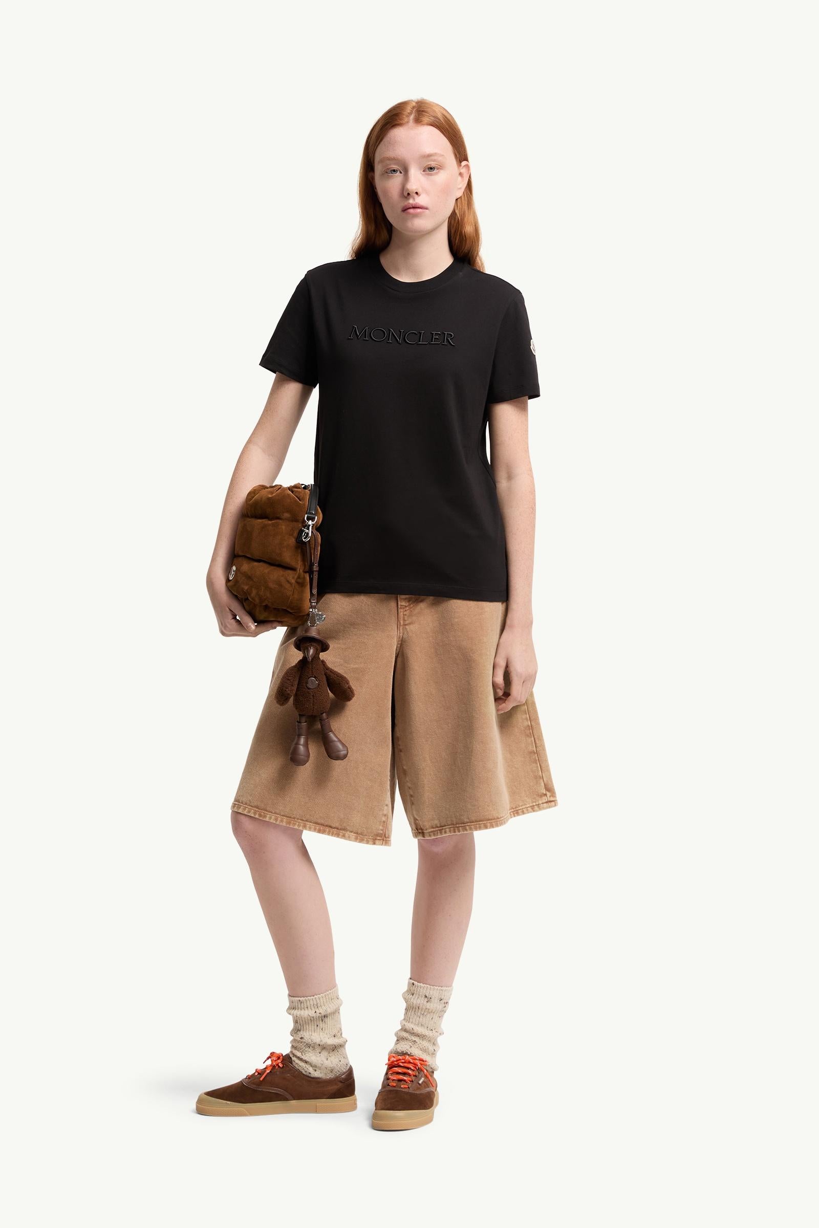 Moncler Embroidered Tonal Logo Cotton T-Shirt Black Black