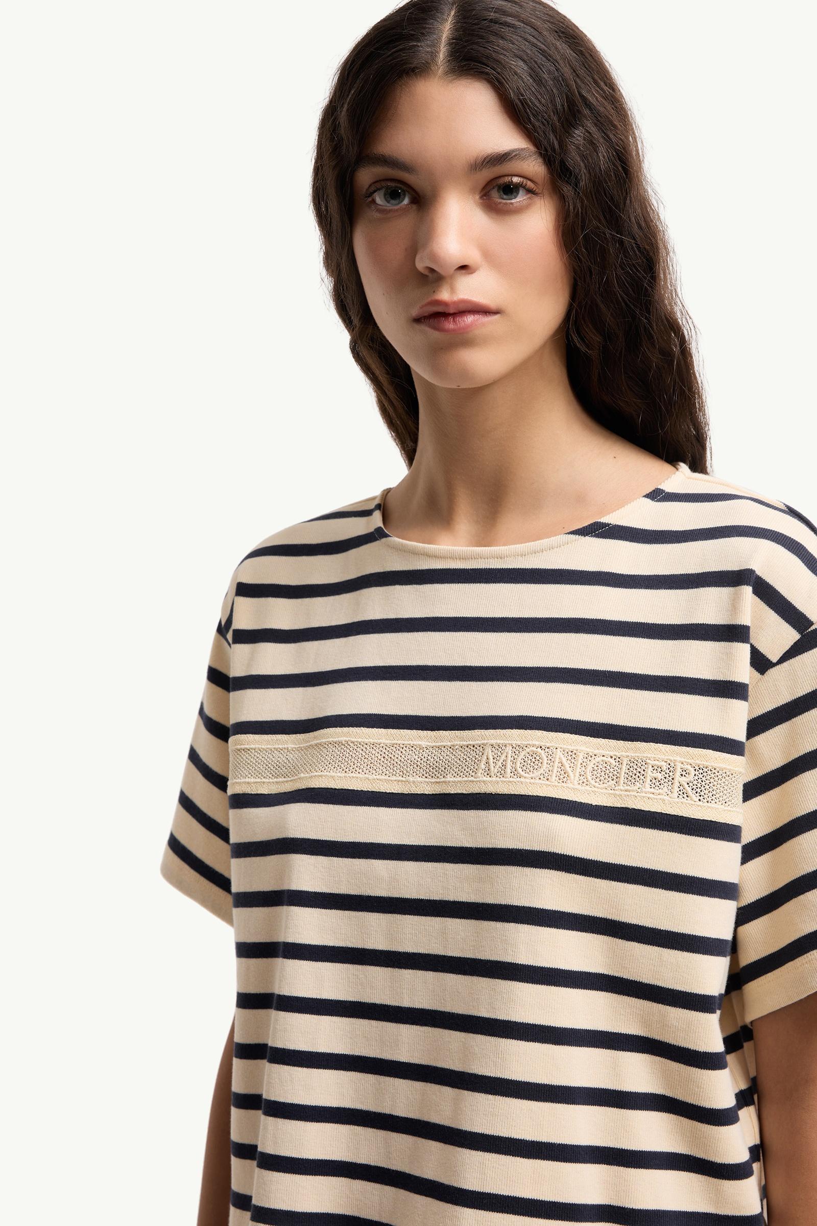 Moncler Macramé-Trimmed Striped Cotton T-Shirt White & Blue White & Blue