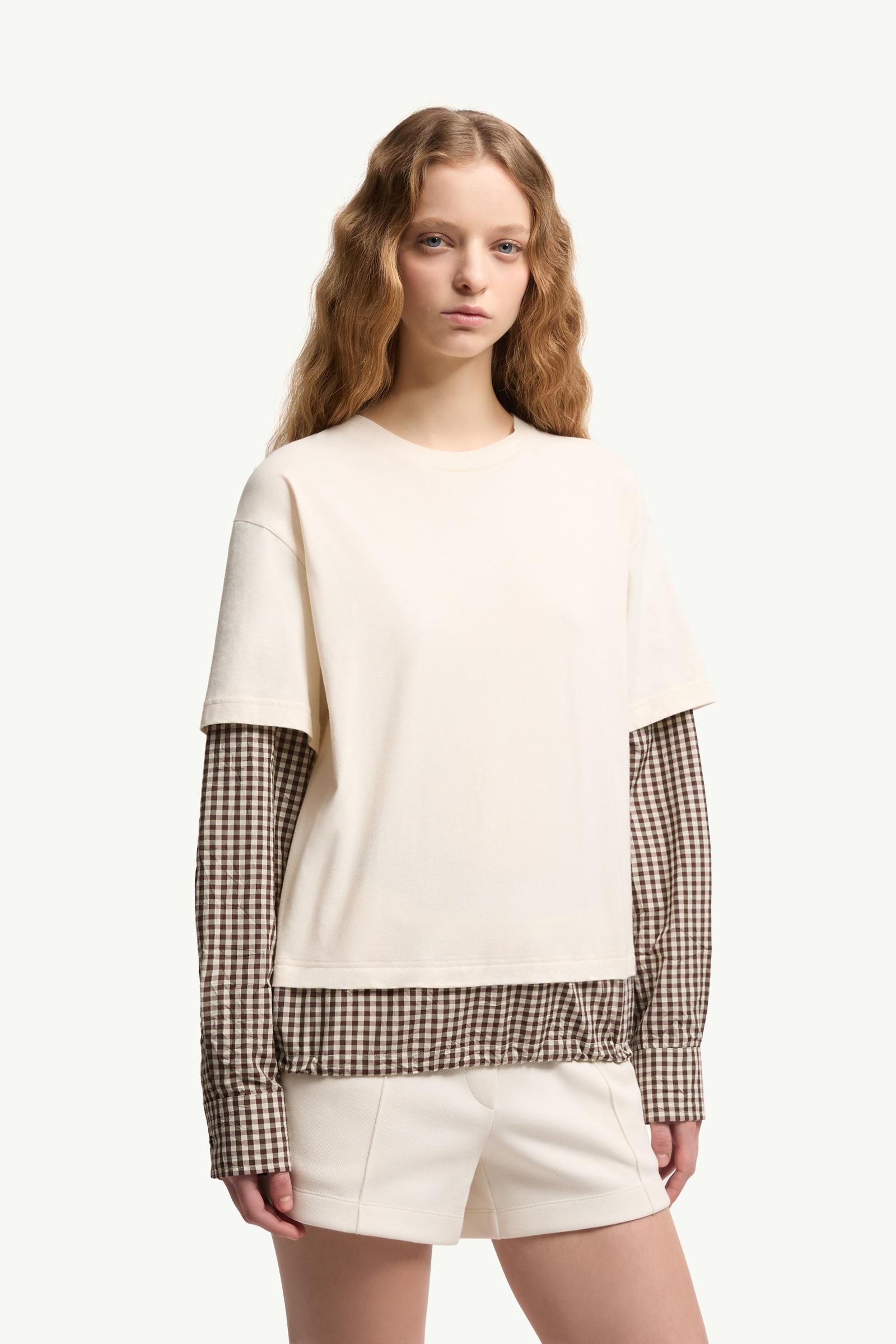 Moncler Layered-Effect Vichy Cotton Blend T-Shirt Light Beige Light Beige