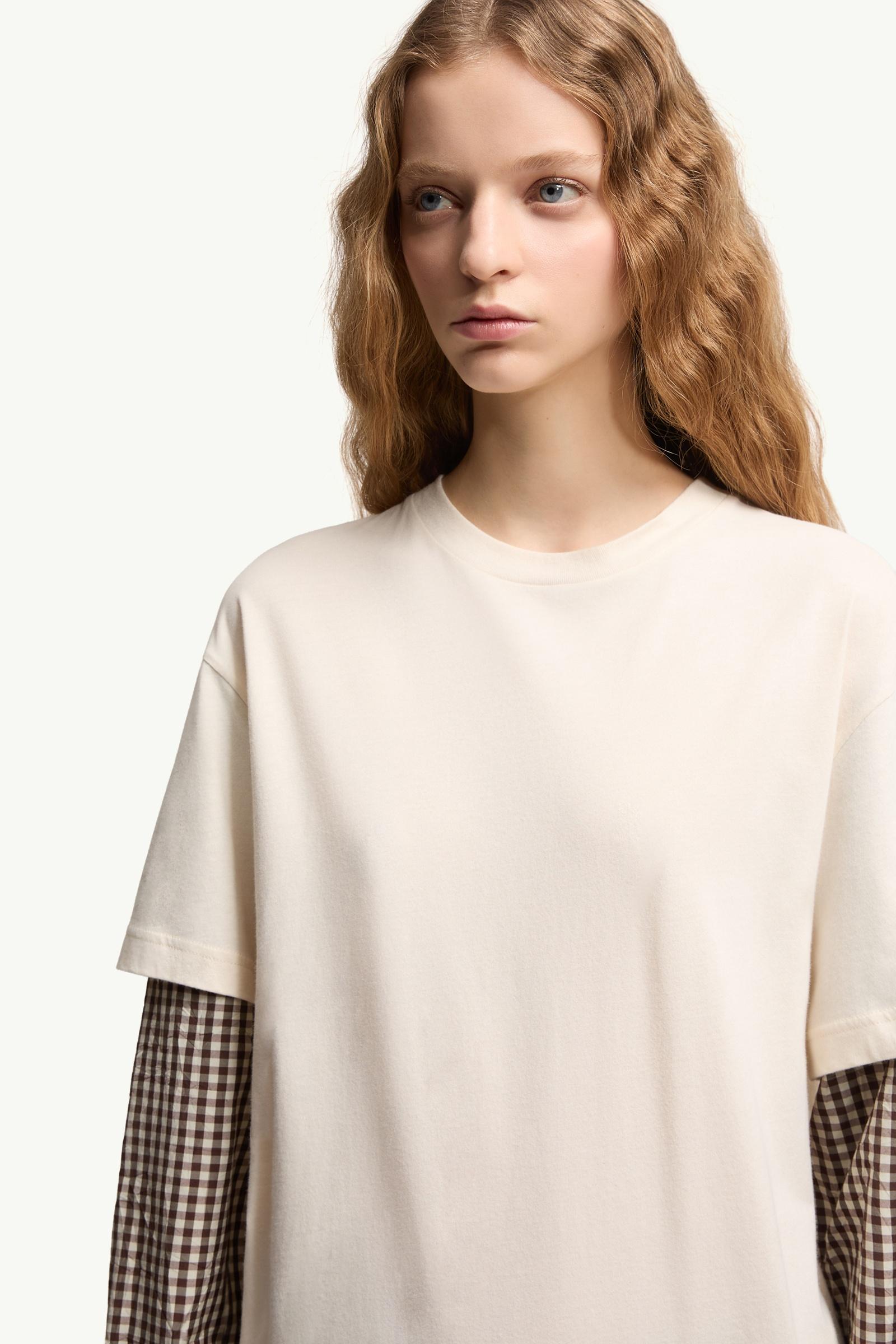 Moncler Layered-Effect Vichy Cotton Blend T-Shirt Light Beige Light Beige