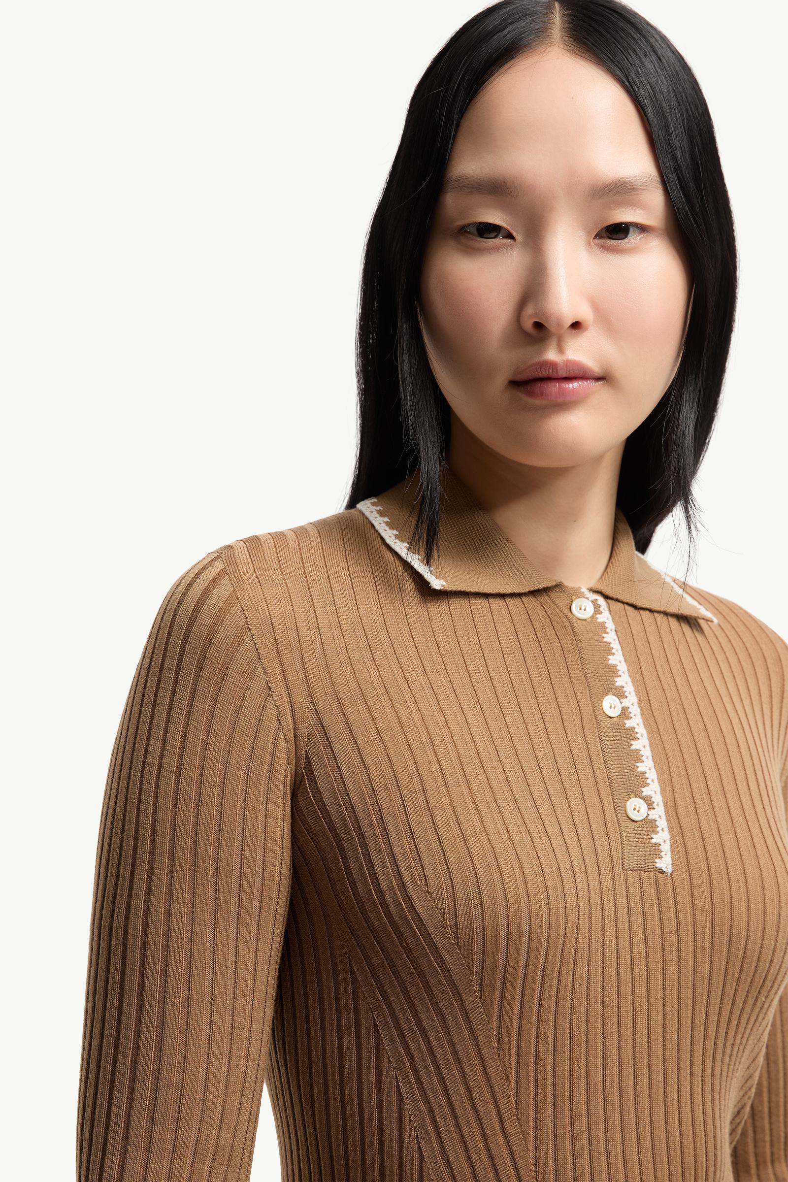 Moncler Wool Long Sleeve Polo Shirt Beige Beige