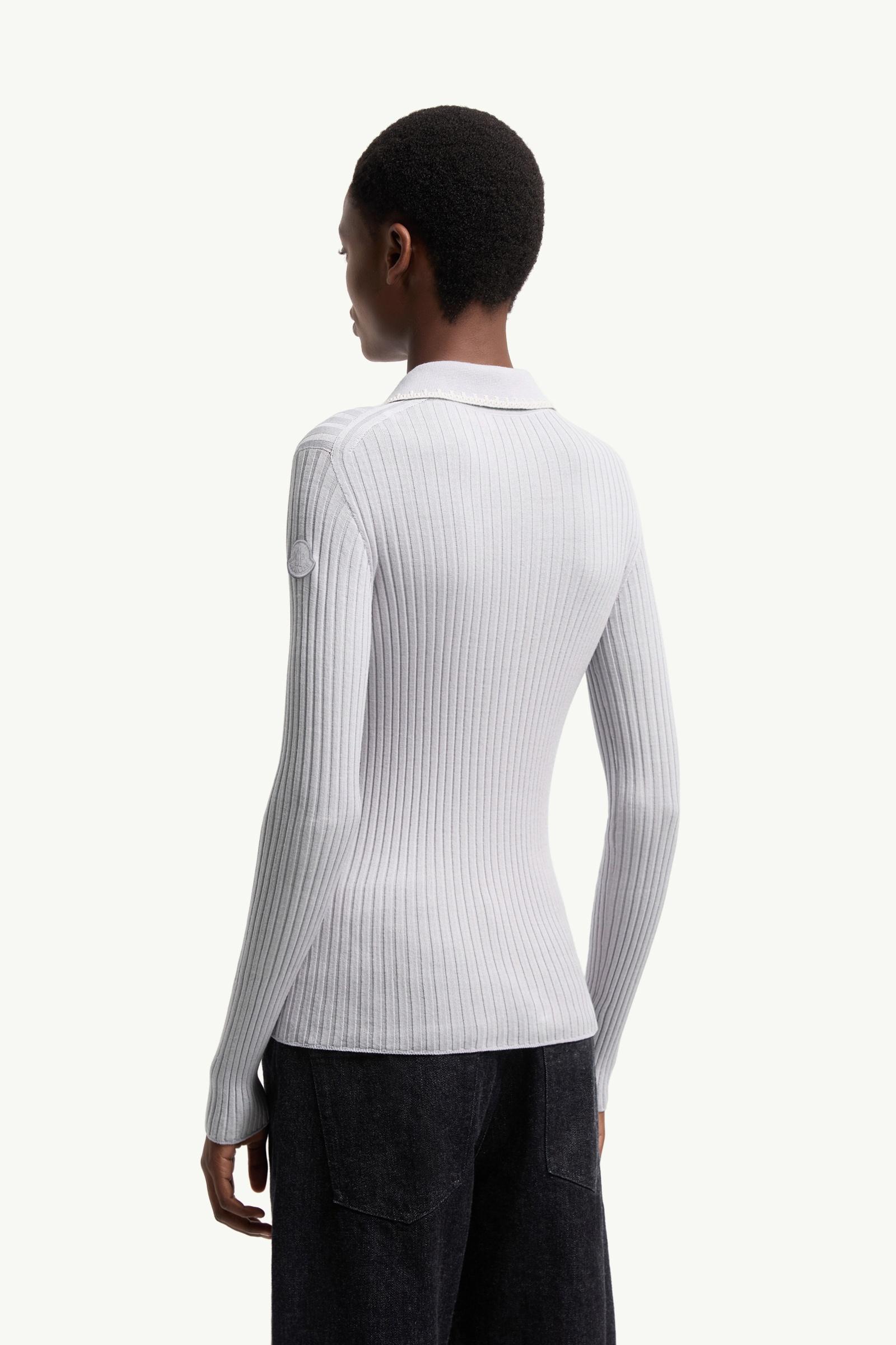 Moncler Wool Long Sleeve Polo Shirt Ice Blue Ice Blue