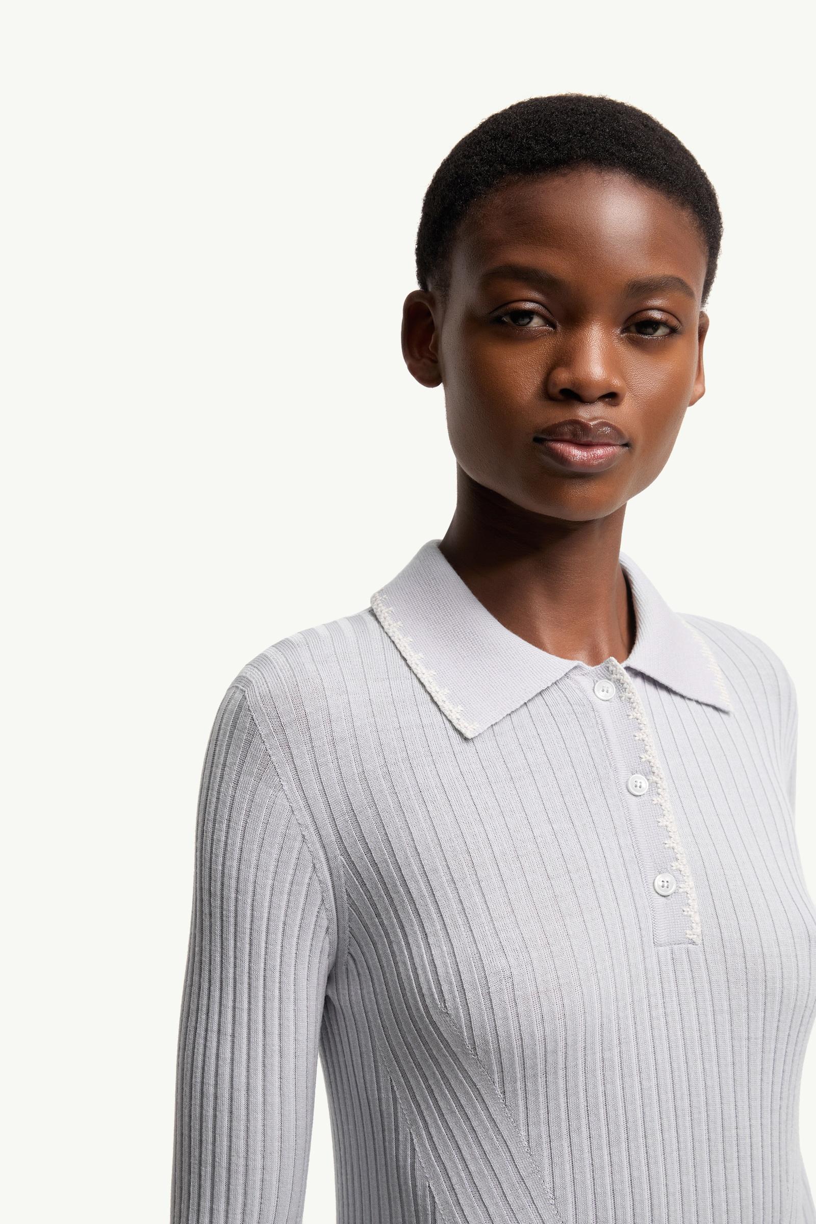 Moncler Wool Long Sleeve Polo Shirt Ice Blue Ice Blue