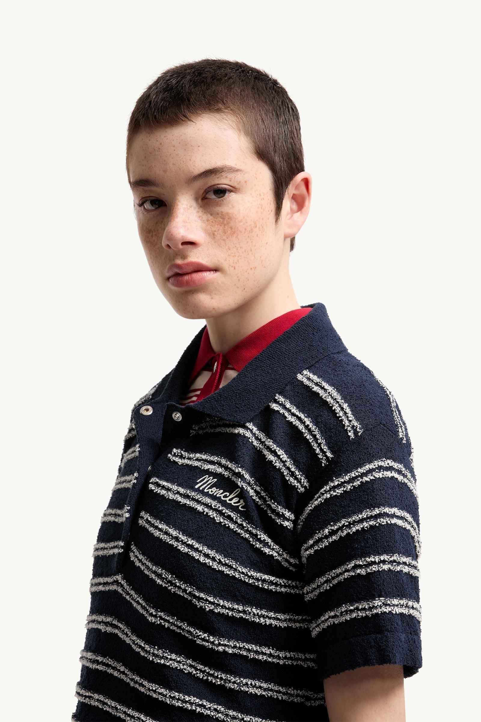 Moncler Cotton Blend Bouclé Crêpe Polo Shirt Navy Blue Navy Blue